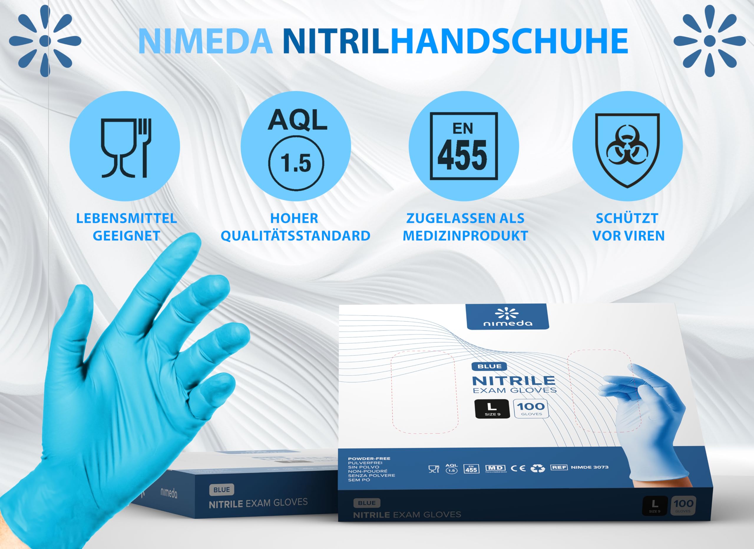 Kemes Guantes de nitrilo L, 1000 unidades, azul claro, desechables, sin látex, sin polvo, talla L