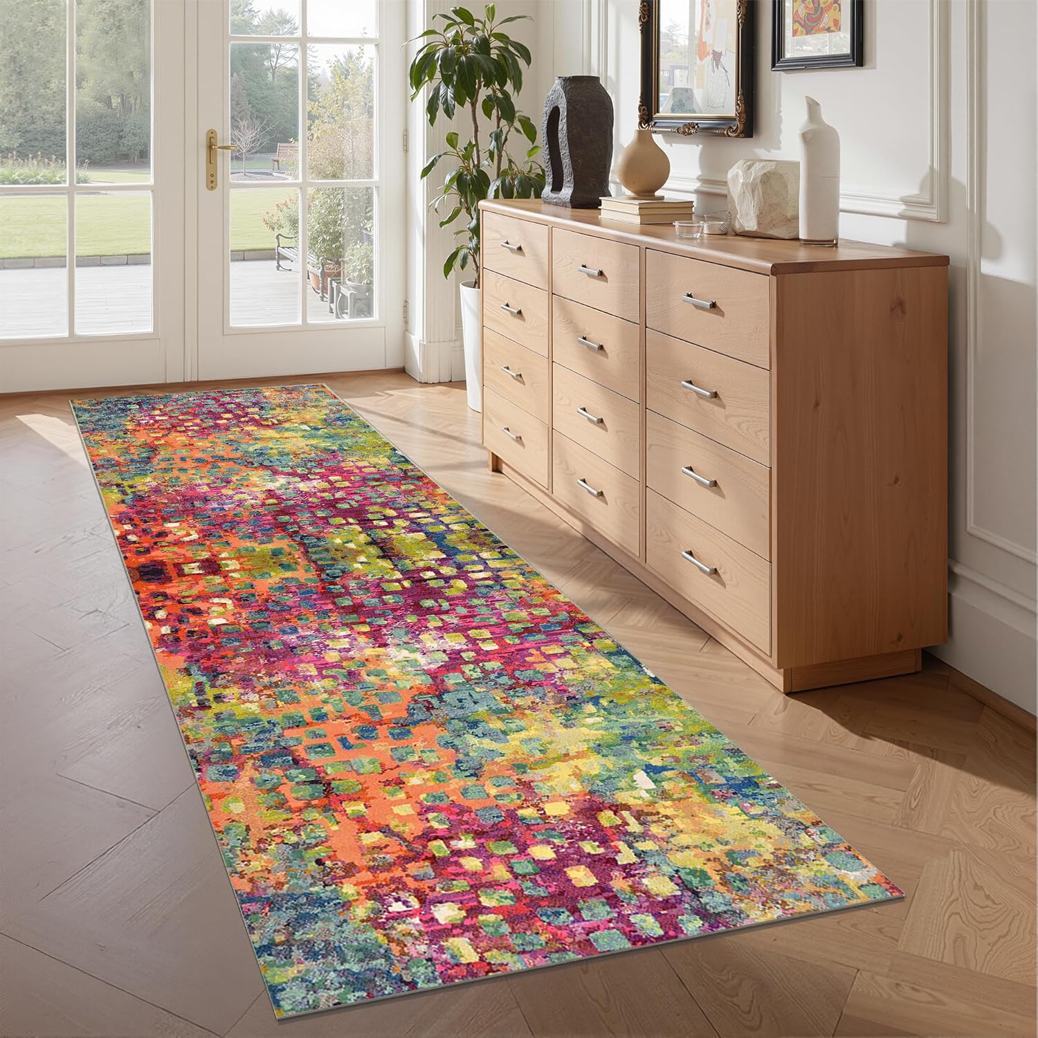 WTHYGB Teppich Läufer 80 x 300 cm, rutschfest Waschbar Teppichläufer, Küchenläufer Abstraktes Design für Eingang, Küche, Wohnzimmer & Büro, Bunte Punkte
