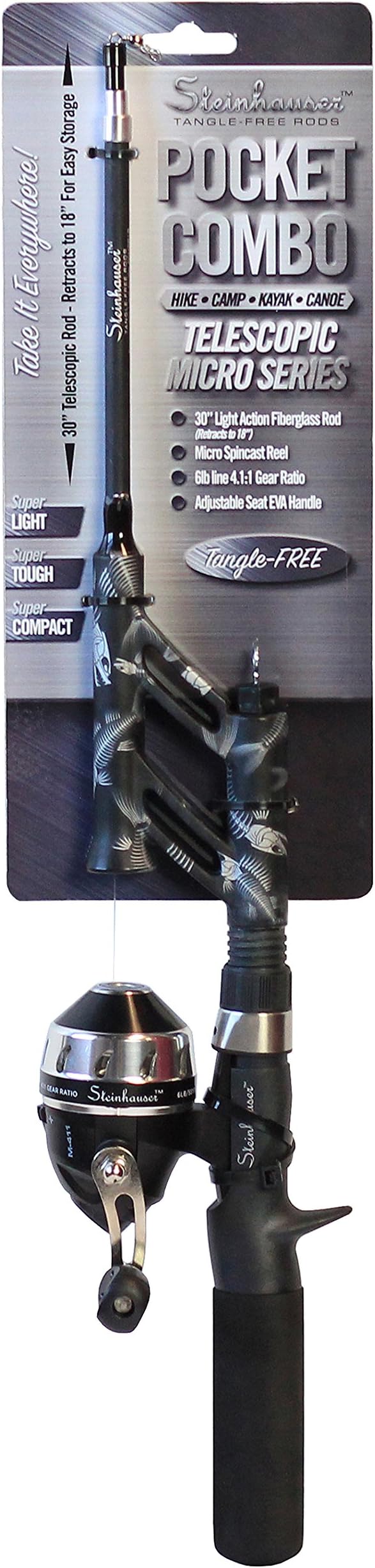 Steinhauser Tangle-Free Pocket Combo Telescoping Fishing Pole | Adjustable Lightweight Rod and Reel | 4.1:1 Gear Ratio | Pre-spooled 6-lb Line | Black
