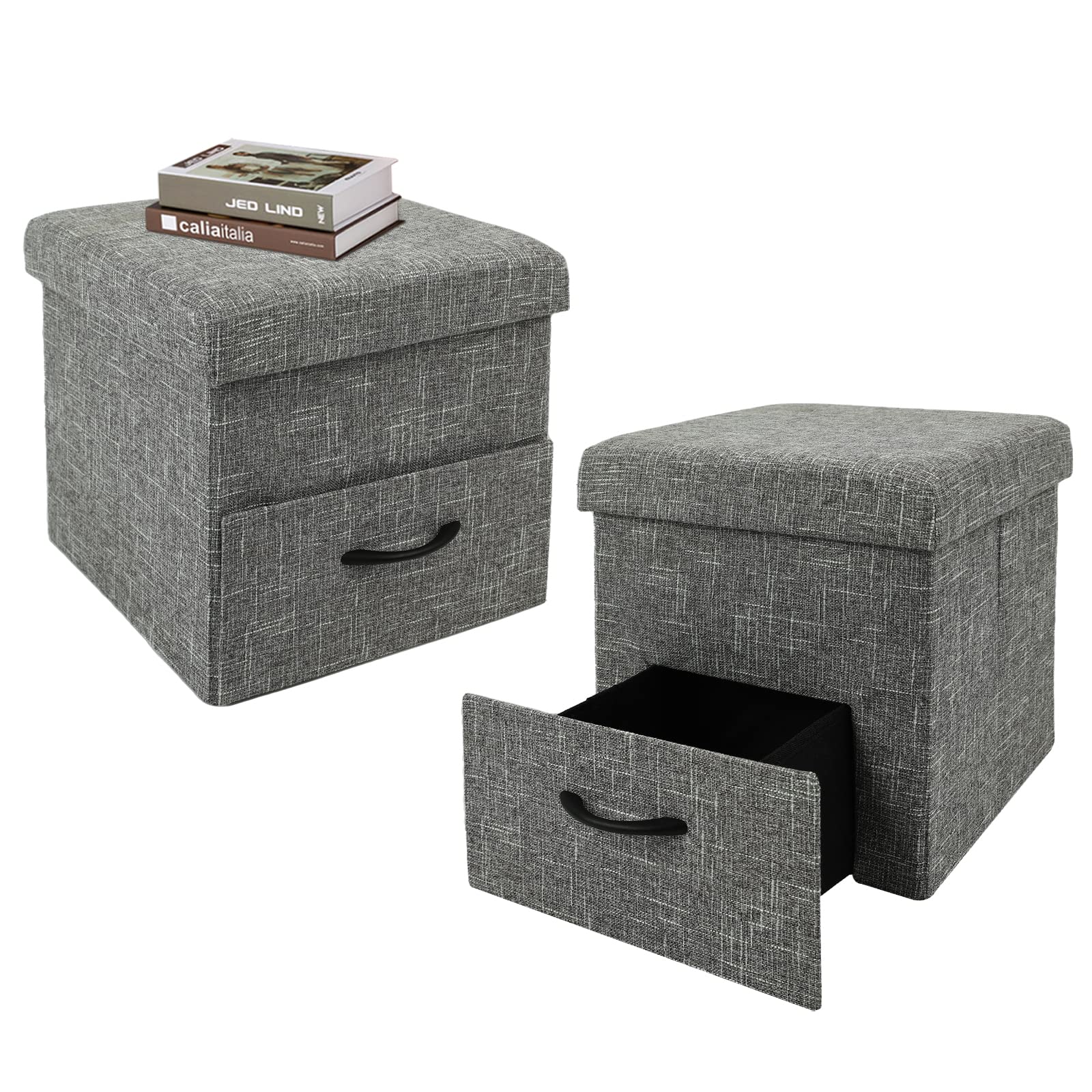 NO MORE TAG 2 Pcs Folding Storage Ottoman Cube, 15 Inches Small Storage Ottoman with Padded Seat Foldable Cube Ottoman with Storage Drawer Linen Cube Ottoman for Bedroom Living Room, Dark Grey