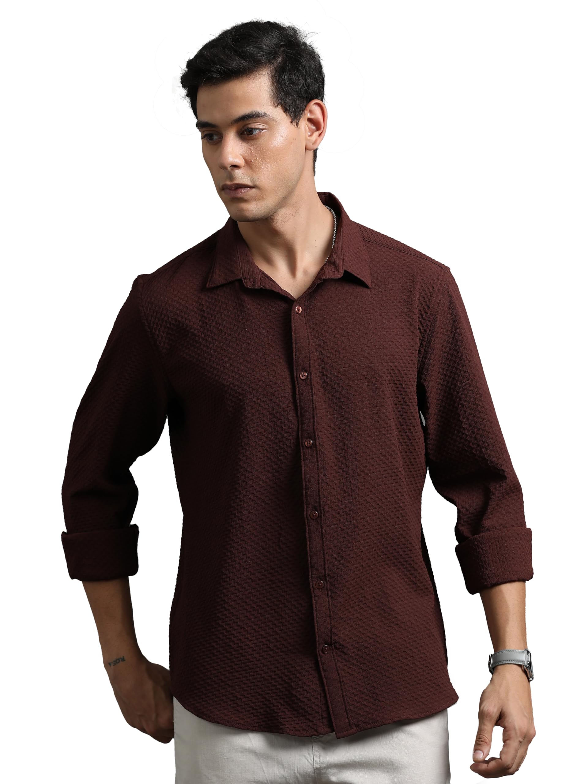 BushirtMen's Solid Waffle Shirt, Polyester, Regular Fit, Slim Collar, Full Sleeves, Casual Button-Down for Men Perfect for Everyday Wear (Pack of 1),White,S