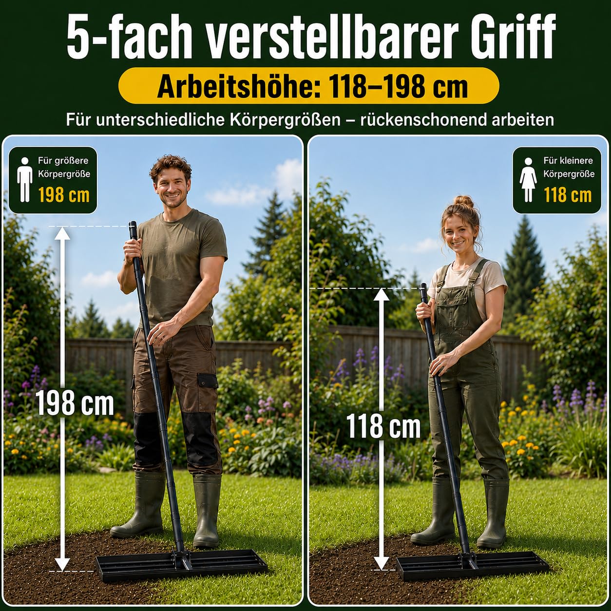 Rasen-Nivellierungsrechen 198cm 76x25cm, verstellbarer Griff 119-198cm, 180° schwenkbarer Kopf, rostbeständiger Stahl