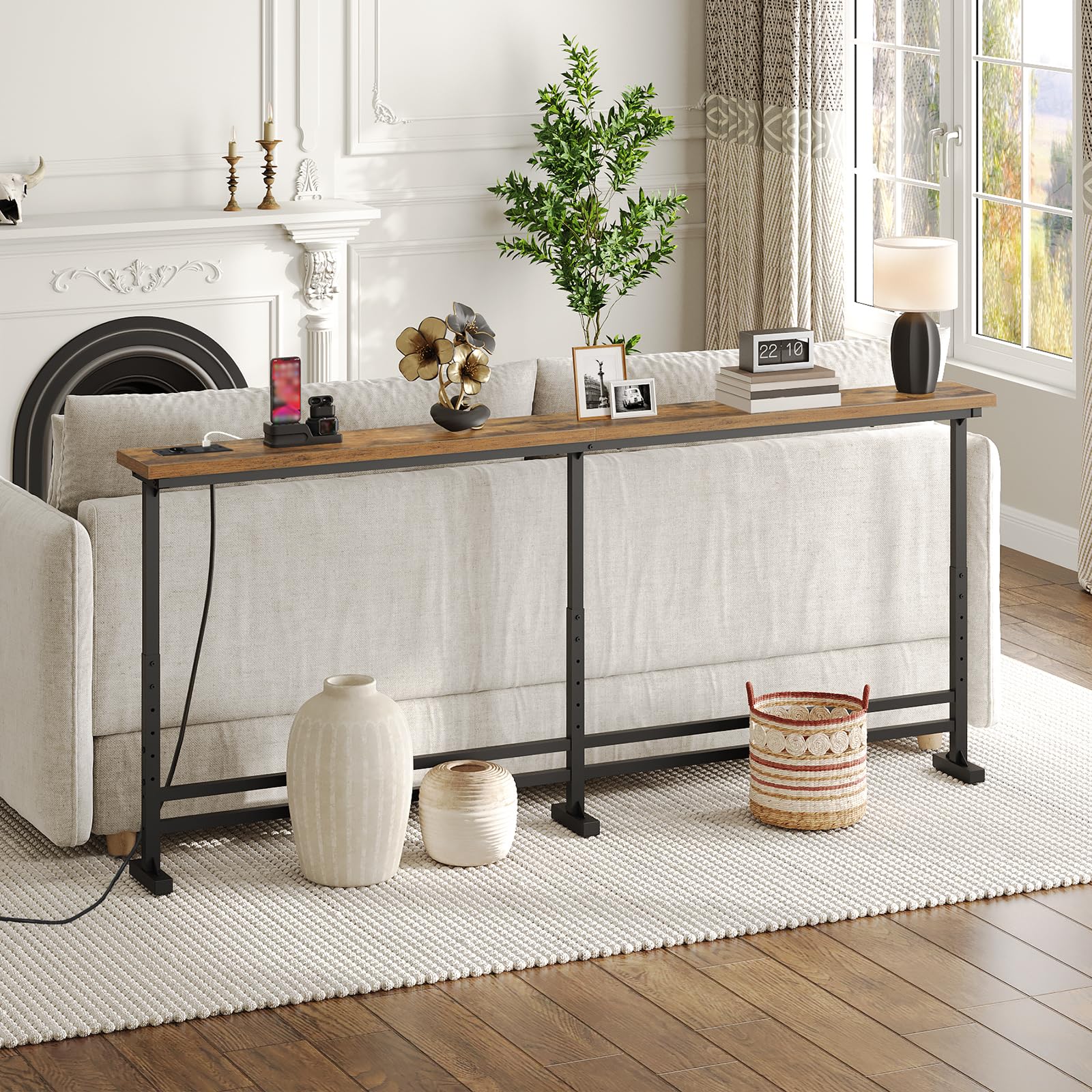 YATINEY Wąski stolik konsolowy, wąski stolik do przedpokoju, 200 cm długości, 1 gniazdo AC, 1 gniazdo USB-A, 1 gniazdo typu C, do salonu, przedpokoju, vintage brązowo-czarny XCT09CBR