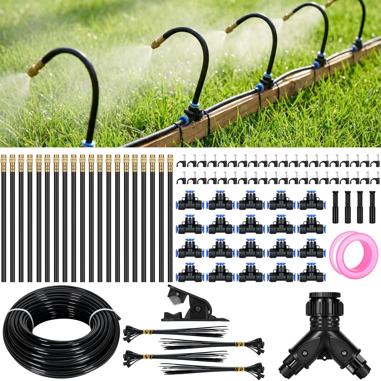 Kit di irrigazione a goccia regolabile a 360°, tubo in PE da 1/4 di pollice con 20 ugelli pieghevoli, sistema di irrigazione automatico da giardino per serre, prato, aiuole rialzate, aiuole