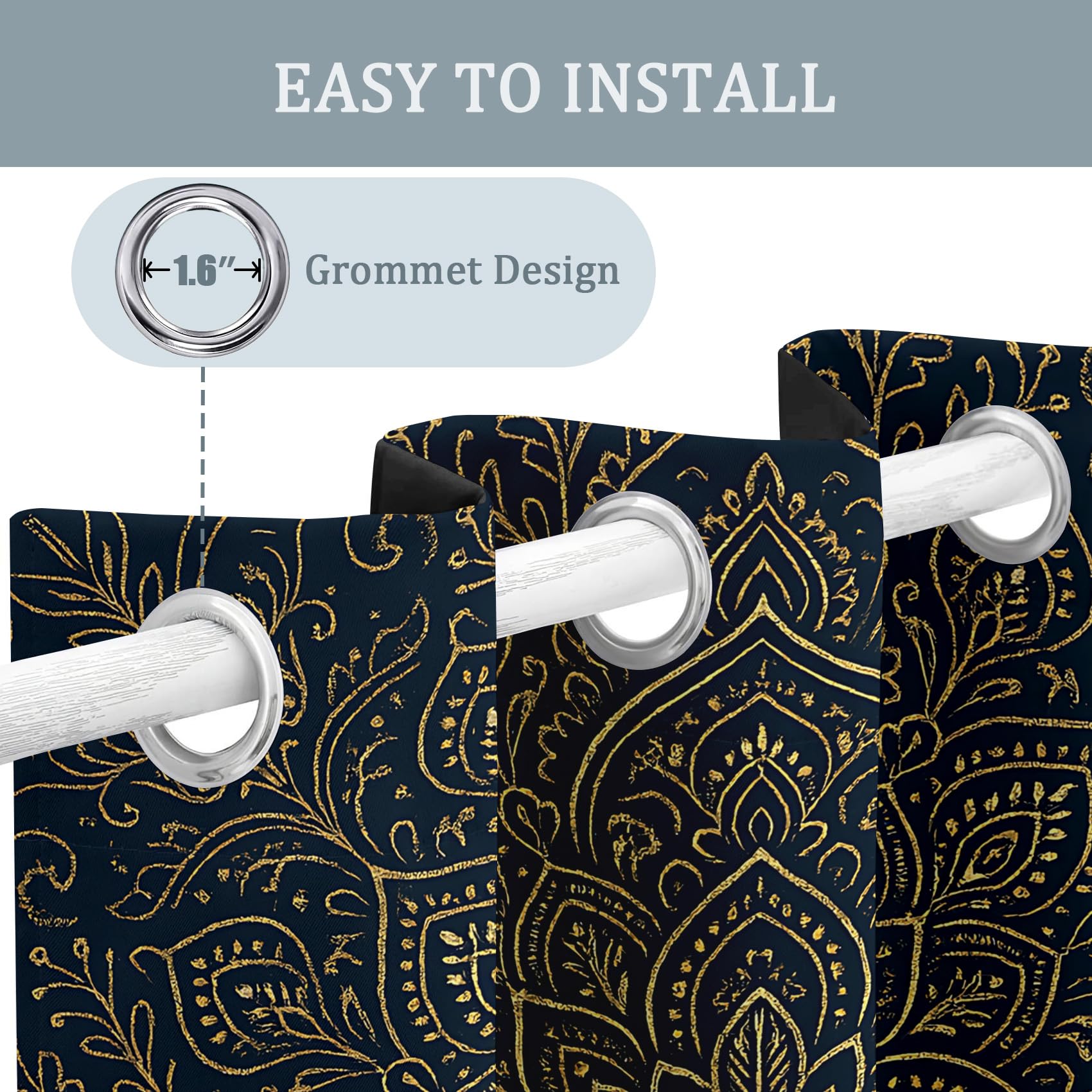 Generisch Mandala Vorhänge Blickdicht, 137 cm Lang, Böhmen Marineblau Ethno Thermo Gardinen mit Ösen, Wohnzimmer Schlafzimmer Deko Blackout Curtains H 137 x B 117, 2 Stück FQ228