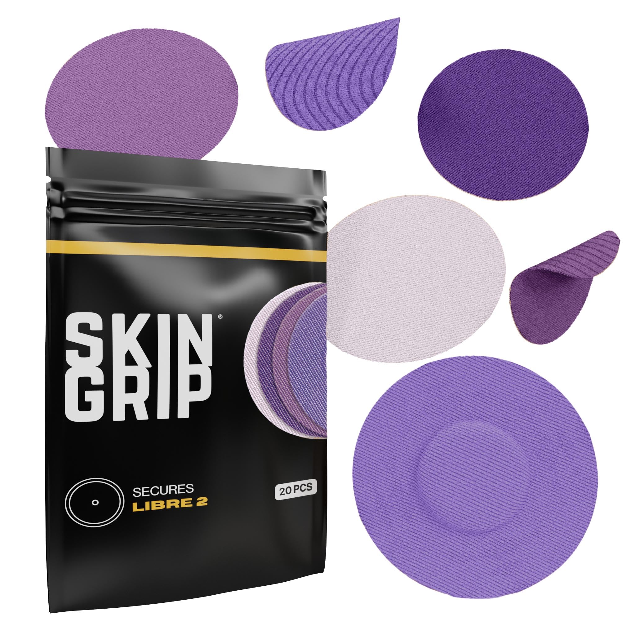 Skin Grip Freestyle Libre 2 Sensor Covers & Lingo CGM – Waterproof and Sweatproof Adhesive for 10-15 Days, Pre-Cut Medical Tape, Continuous Glucose Monitor Patch – 20 Pack, Purple