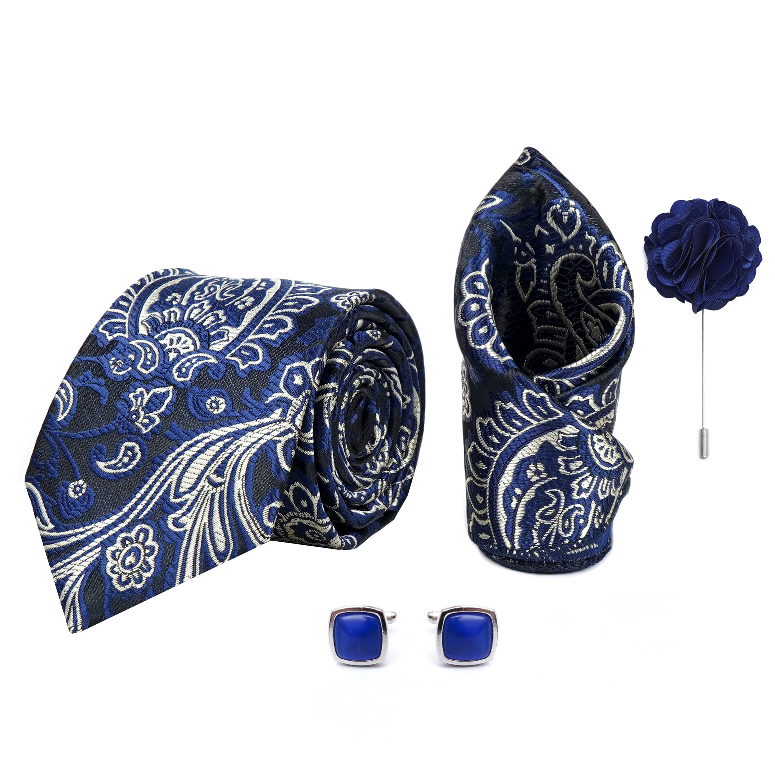 Men's Paisley Micro Wooven Silk Necktie Gift Set With Pocket Square Cufflinks & Brooch Pin Tie for Men Formal Tie Set with Box (Pack of 4) (AX11_11, Navy Blue)-image-25