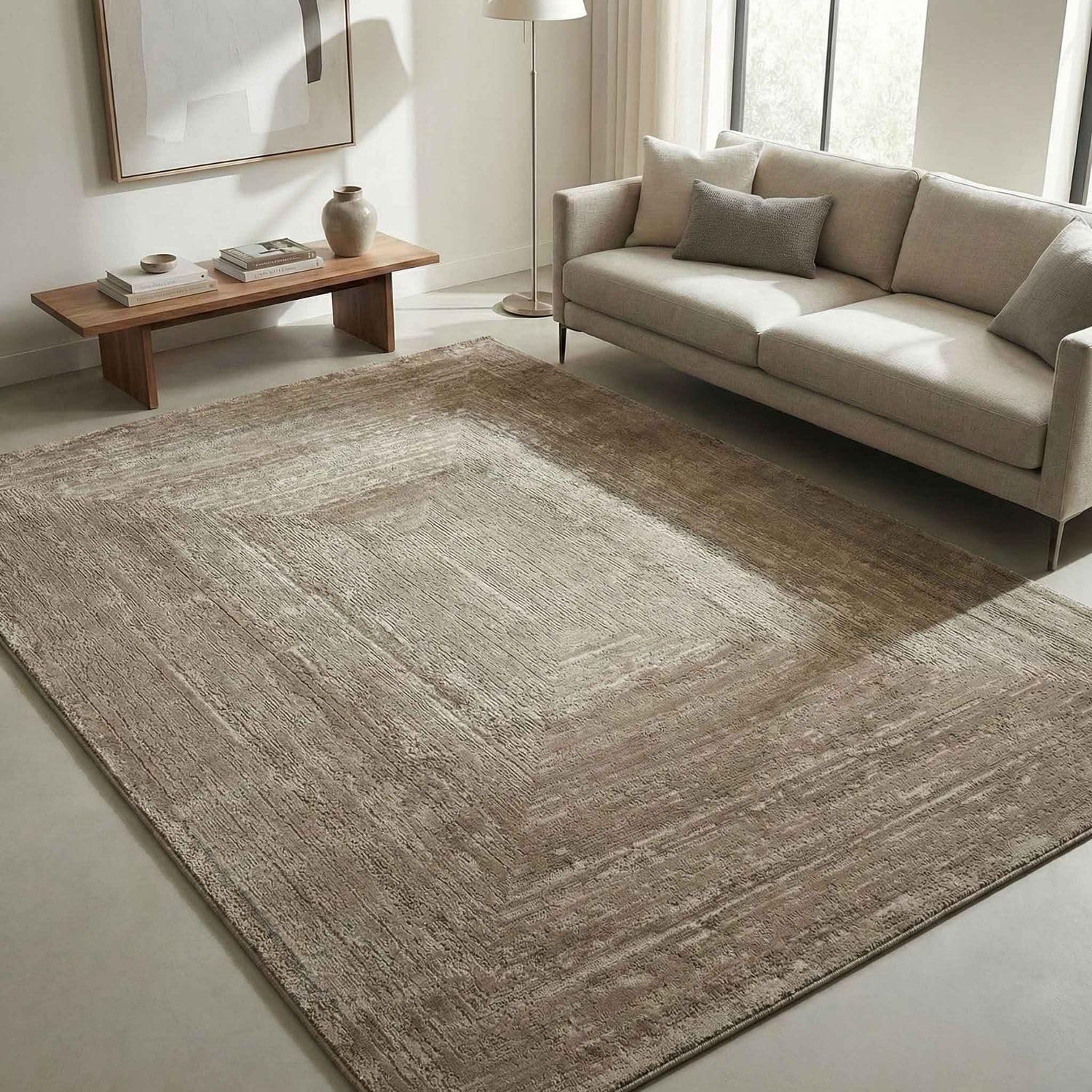 VIMODA Teppich Wohnzimmer Schlafzimmer Modern Hoch&Tief Bordüre Qualitativ 3D Effekt,Farbe:Beige;Maße:80x150 cm