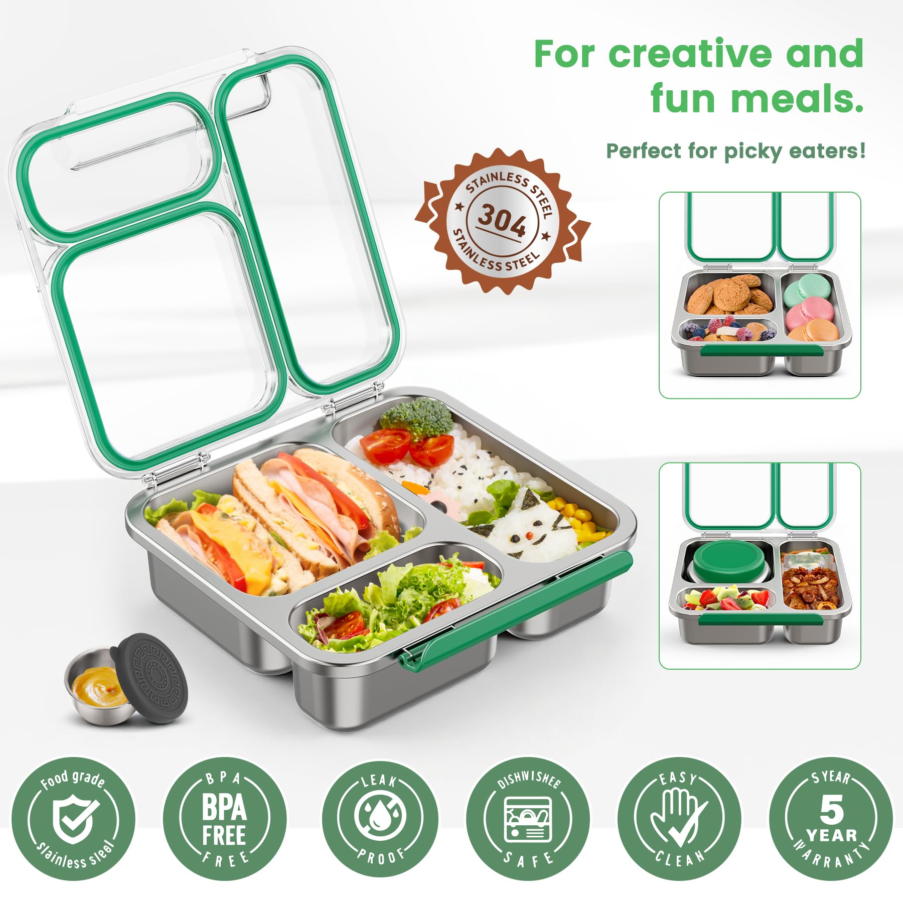 Itslife Bento Lunch Box Adulti Bambini in Acciaio Inox con 200ml Contenitore Termico per Alimenti, Porta Pranzo 3 Scomparti con Contenitore per Salse, per Lavoro Picnic Ufficio, senza BPA, Verde