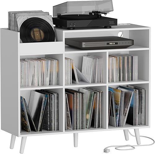 Miniatura 8 de Cozy Castle Soporte grande para tocadiscos, gabinete de almacenamiento de vinilo moderno de mediados de siglo, soporte para consola multimedia,