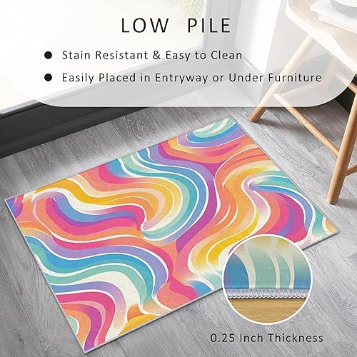Miniatura 5 de Alfombra retro ondulada lavable de 3 x 5 pulgadas, textura de los años 70 y 80, diseño abstracto colorido, ultra fina y suave para dormitorio, sala