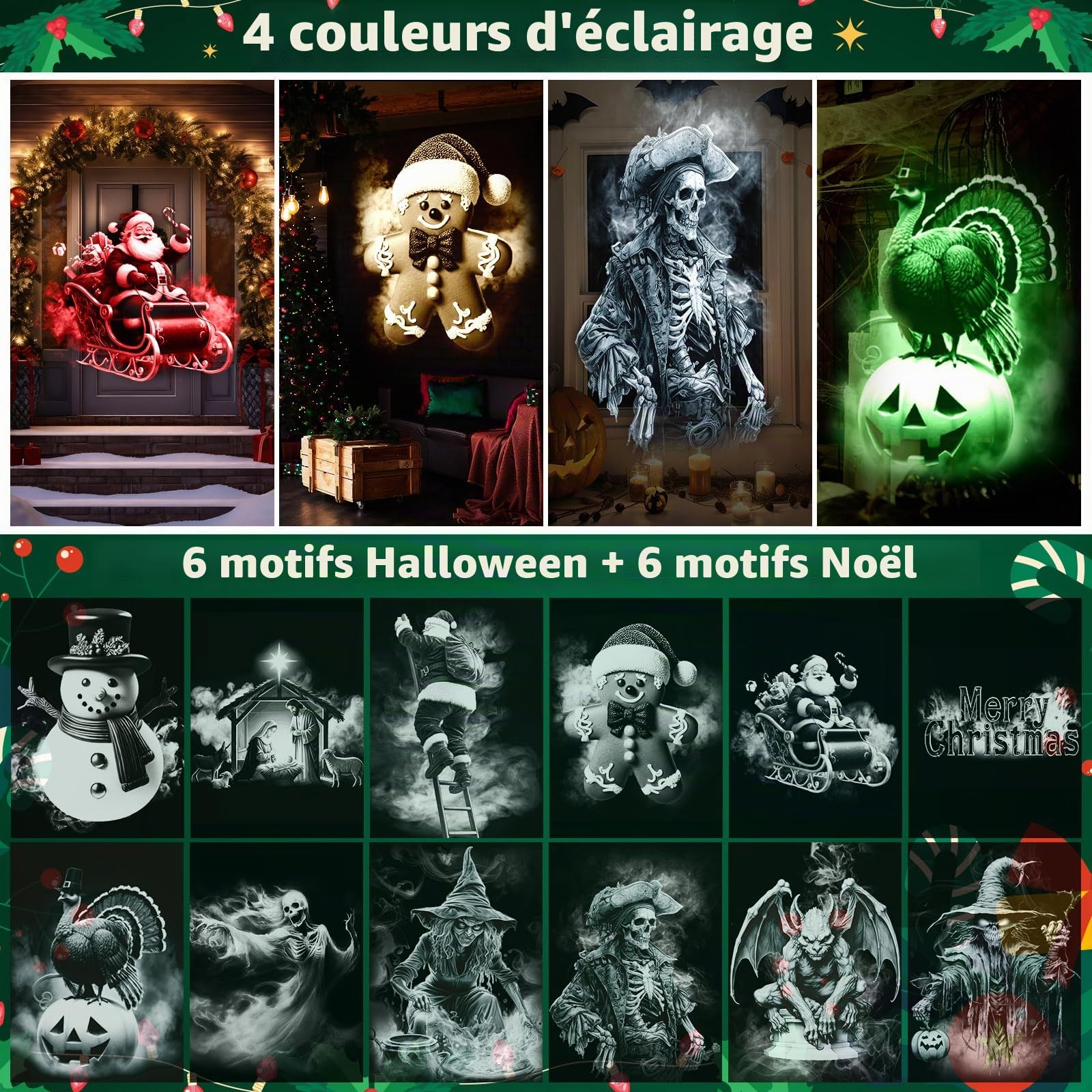 Weewooday Projecteur Halloween et Noël 3D avec 12 Motifs HD, Lumières 4 Couleurs, Télécommande et Minuterie, Déco Jardin, Fenêtre, Intérieur Extérieur