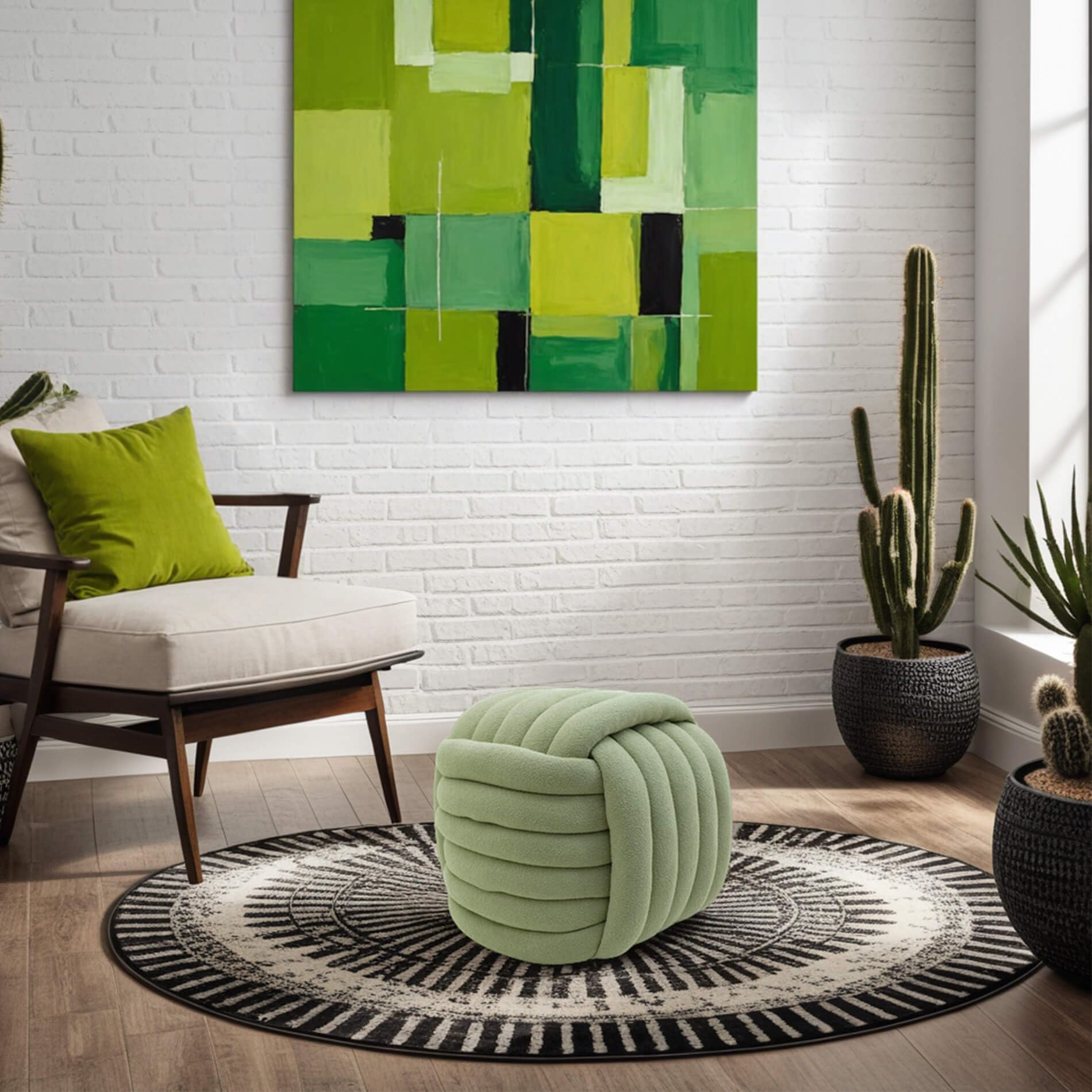 Rebecca Mobili Pouf Moderno, Pouf a Gomitolo, Verde, Tessuto Poliestere MDF, Design Originale, Poggiapiedi, per Salotto - Misure HxLxP: 45 x 50 x 50 cm - Art. RE7051