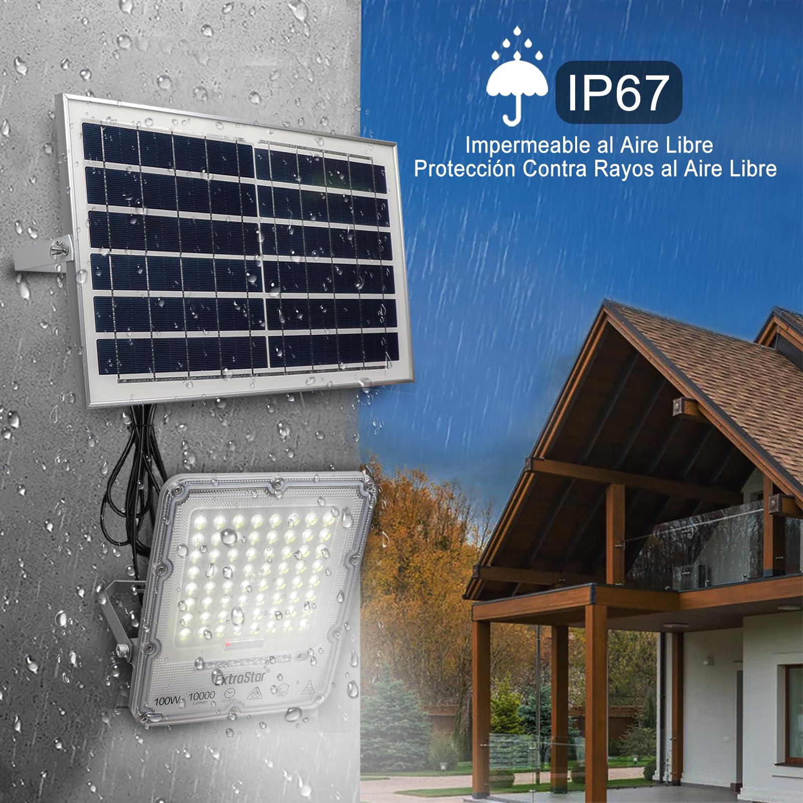 EXTRASTAR Foco Proyector LED Solar 100W con Mando a Distancia, Luz Blanca Fría 6500K, 10000Lm, Resistente al Agua IP67, para Exterior, Jardín, Patio, 1Pc
