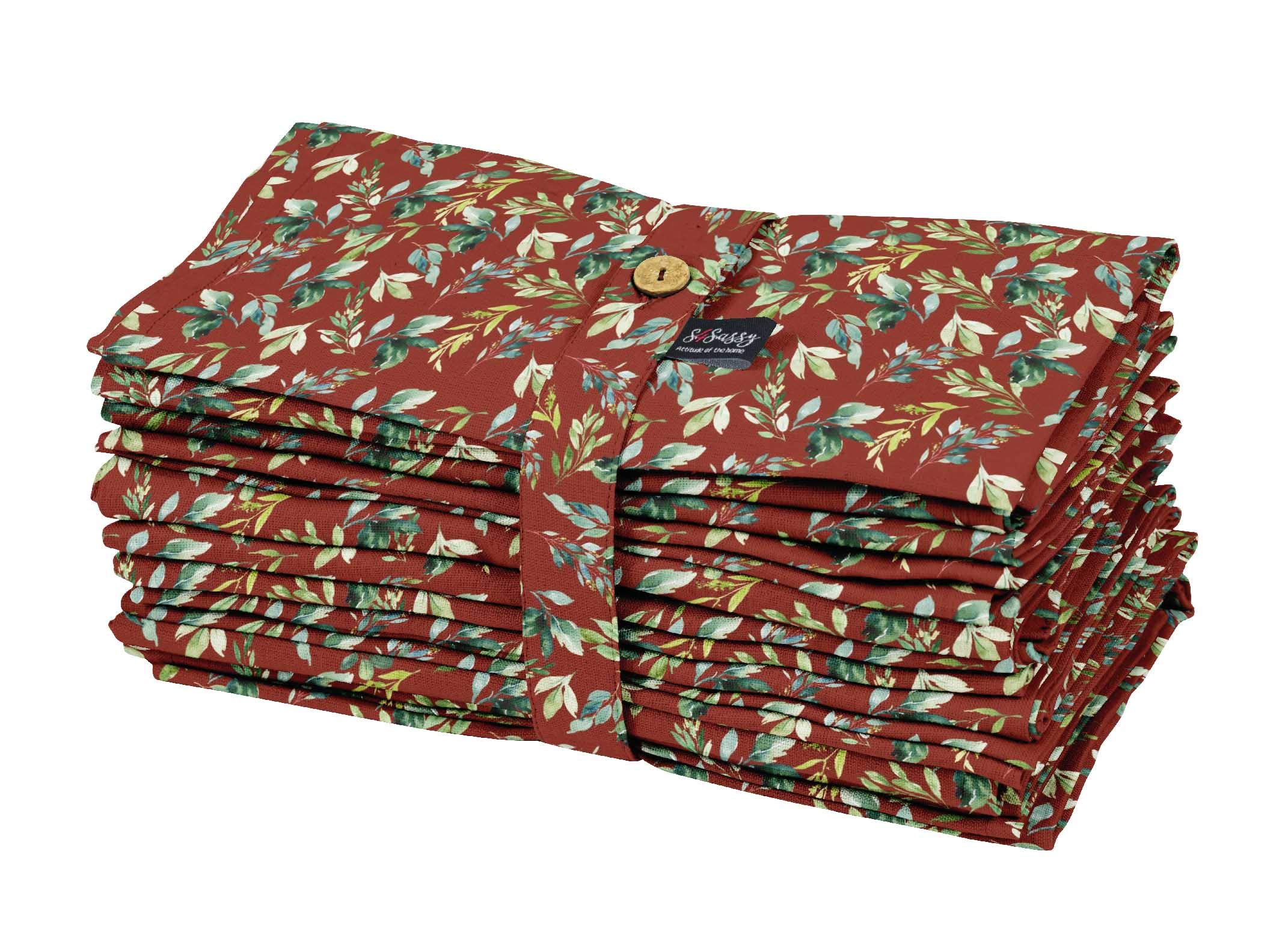 Serviettes de table imprimées en coton flex S4Sassy motif feuilles rouges de qualité