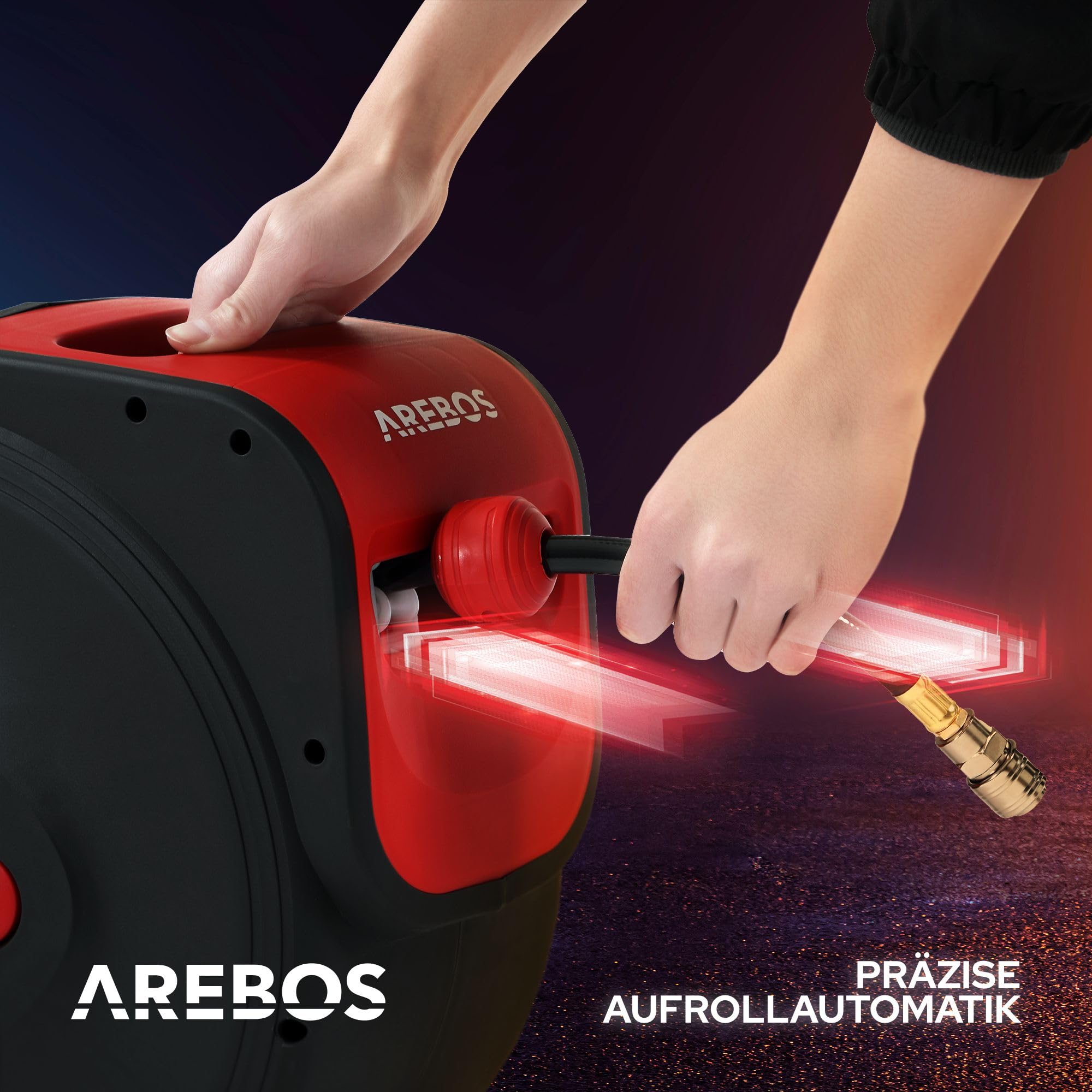 Arebos Druckluftschlauch Aufroller | Automatik Schlauch Aufroller | Wandhalterung | 1/4 Zoll Schnellkupplung | UV-beständig | 180° Schwenkbar | inkl. Montagehalter | 30 m