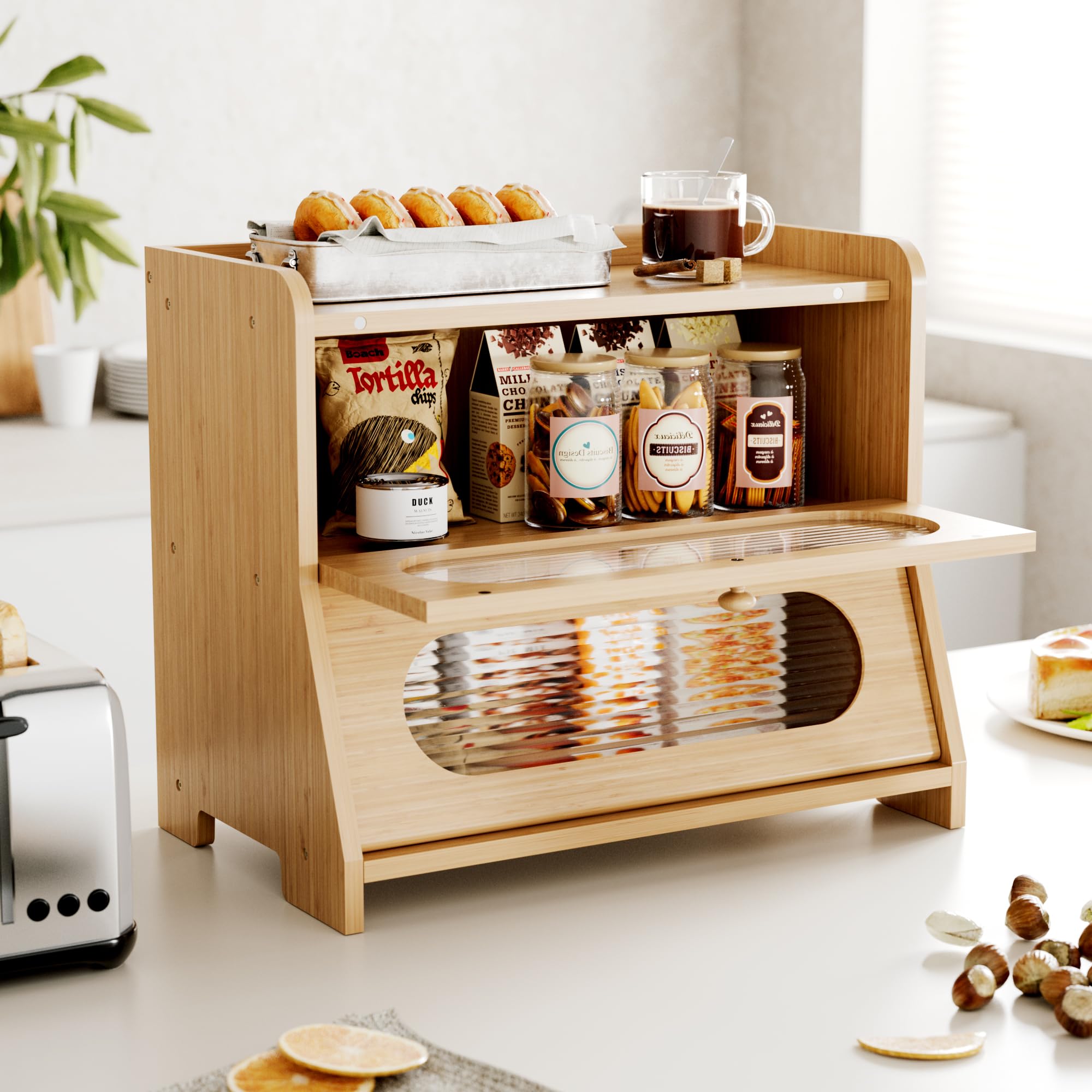 Panera para encimera de cocina, contenedor grande de almacenamiento de pan de bambú de doble capa con panel de puerta ondulado acrílico (natural)