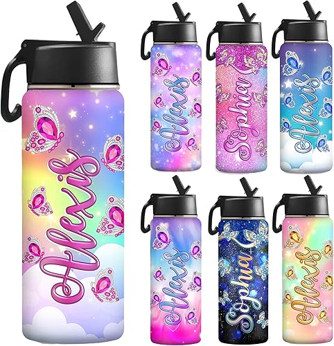 Miniatura 5 de Botellas de agua personalizadas con popote para niños, color degradado personalizado de doble pared al vacío, botella de agua aislada al vacío con