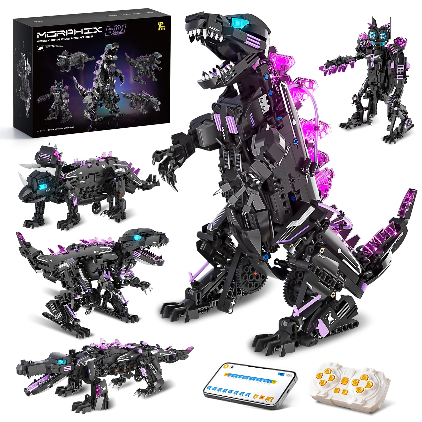 DOLIVE STEM 5 in1 Dinosaurs Building Kits for Kids Ages 8-14, Remote Control and App Controlled Dinosaur Figures Toy, Birthday Gift for 8 9 10 11 12+ Years Old