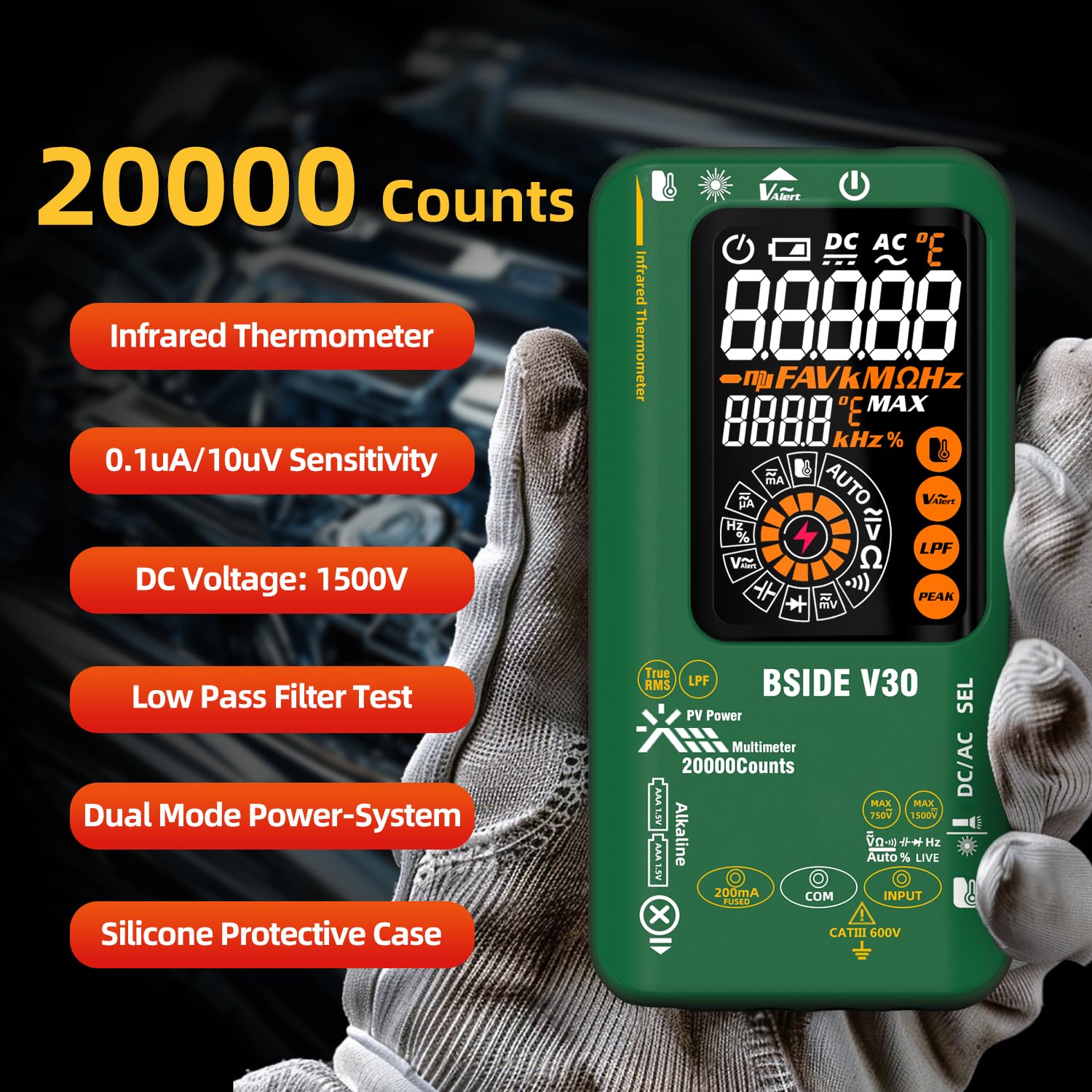 BSIDE Digital Multimeter Messgerät TRMS 20000 Zählungen, 0.01mV 0.1μA 1500V Smart Photovoltaik Multimeter, Stromprüfer Spannungsprüfer Hochgenau mit Doppelter Leistung Farb-LCD und IR Thermometer