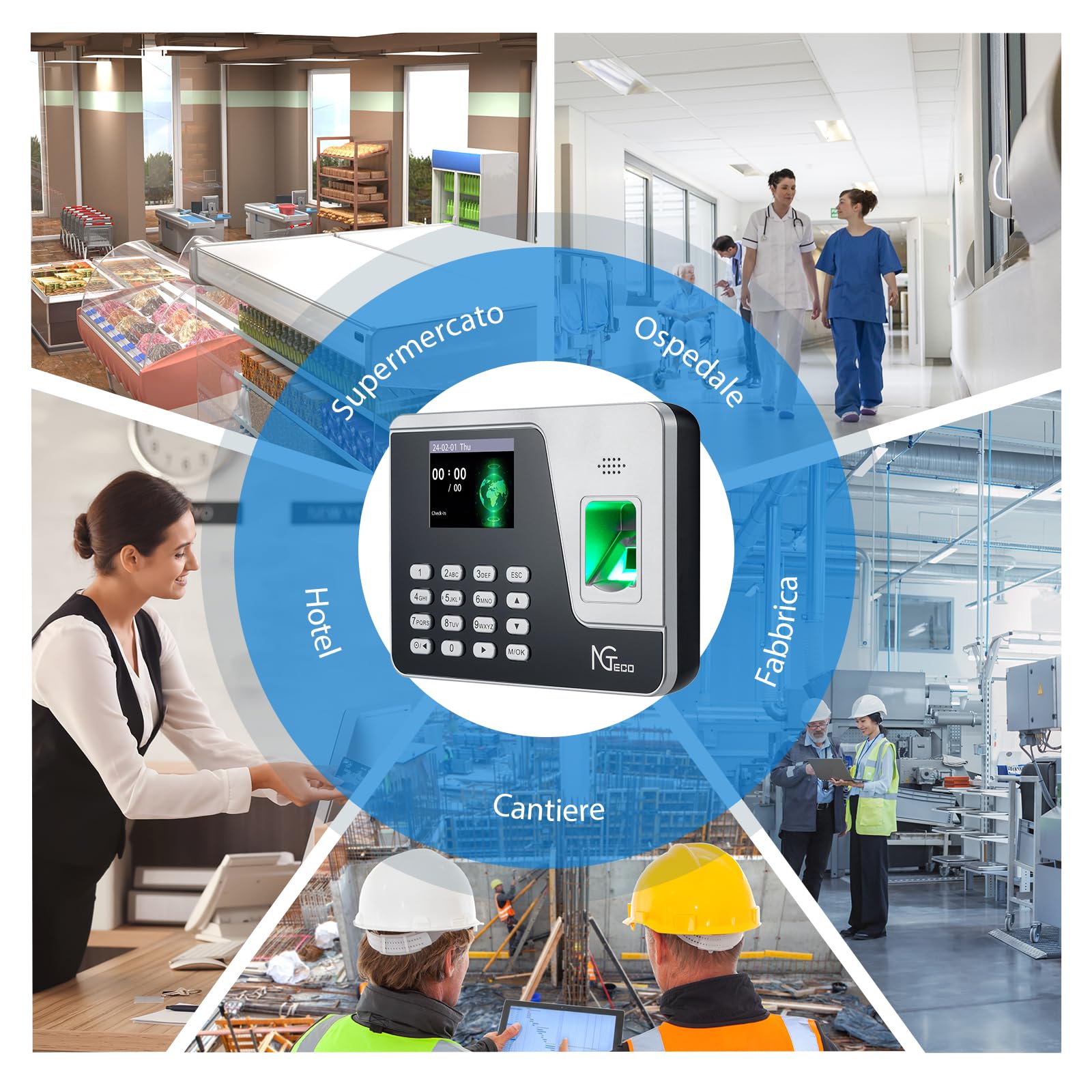 NGTeco Rilevatore Presenze con Modulo di Impronte Digitali, Funzione di Calcolo Automatico, Nessuna Tassa Mensile AS10（Italiano）