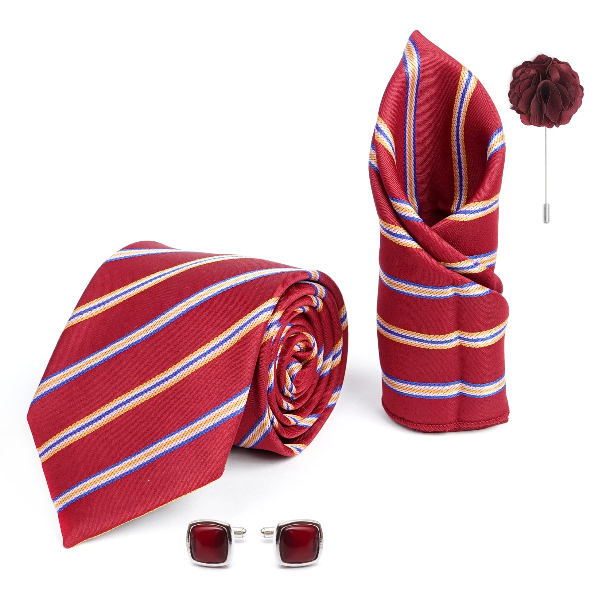 Mens Plaid Stripped Silk Necktie Gift Set With Pocket Square Cufflinks & Brooch Pin Formal Tie With Leatherite Box (S5RX Free Size) | (Leather Gift Box) (Pack of 4)-image-27