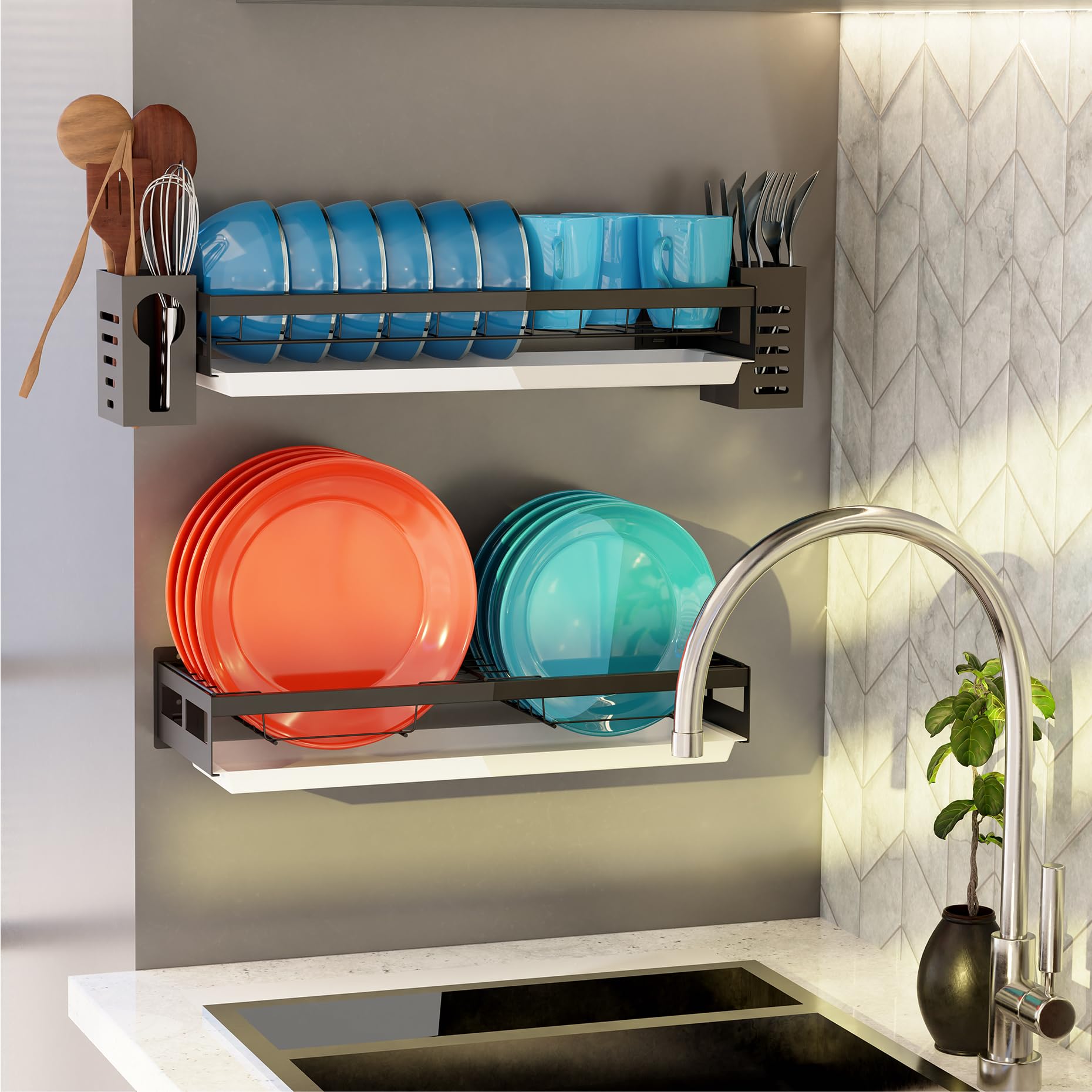Hanging Wall Mounted Dish Drying Rack - Ideal for Small Spaces, Max Side-by-Side Placement for 10.5" & 8" Plates, Waterproof, Rust-Resistant, Compact 17.2" Long, Gray Wall Mounted Dish Rack