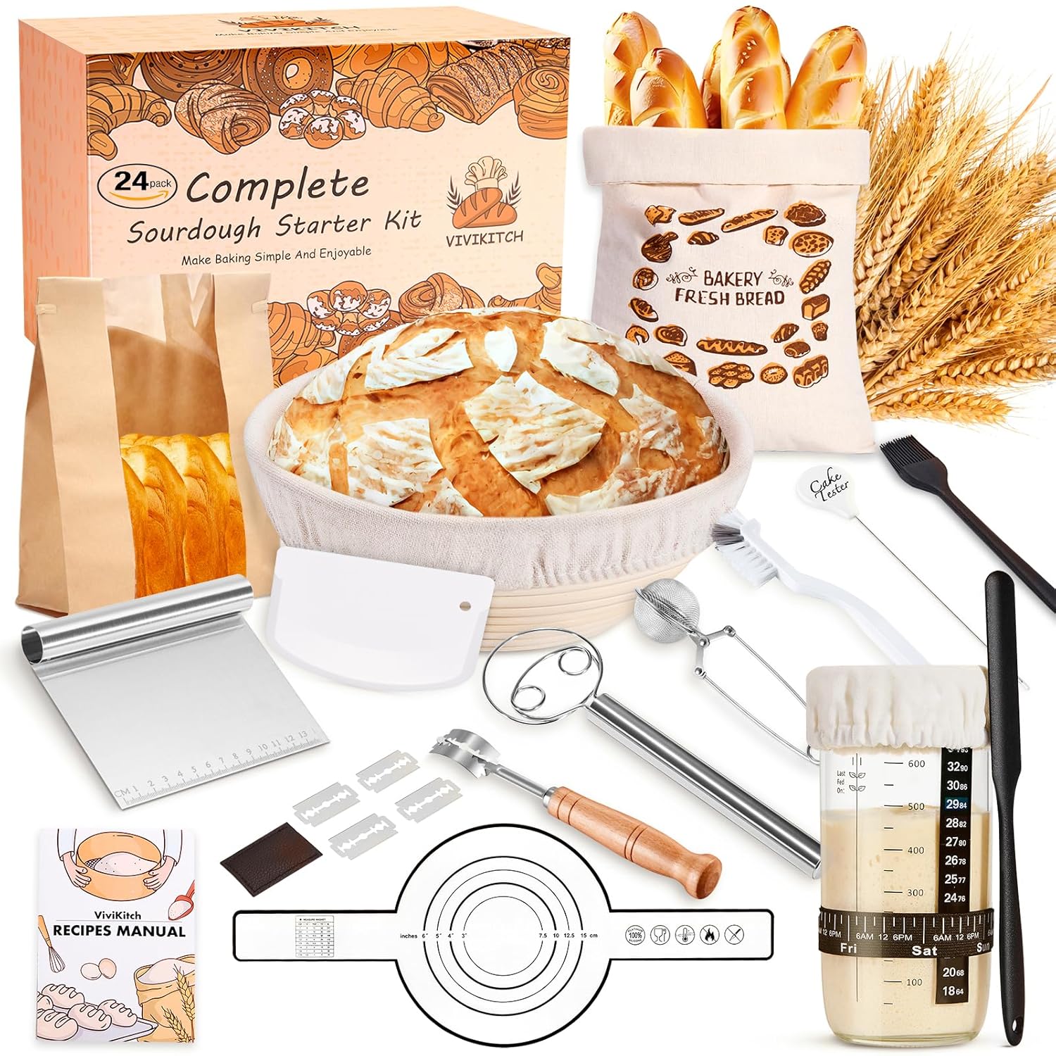 Kit completo para iniciantes de massa fermentada – 24 peças Suprimentos de cozimento de pão de fermento para cozinha moderna, cestas redondas de 23 cm à prova de pão Banneton…