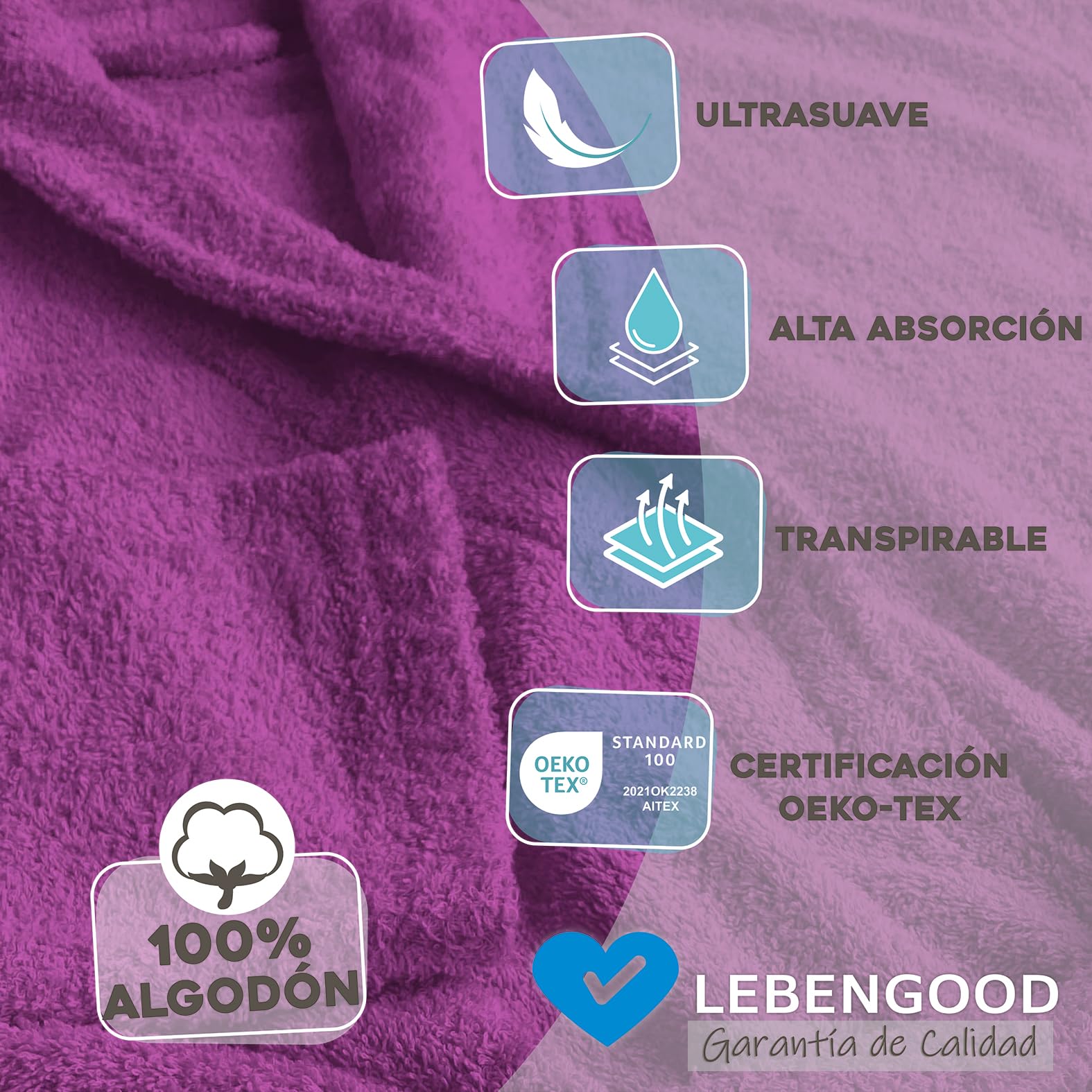 LEBENGOOD Albornoz Mujer 100% Algodón OEKO-TEX, Toalla Rizo Americano 450 gsm, Albornoces Juveniles, Ducha, Piscina, Bata Baño, Unisex,Hombre, Tallas S M L XL XXL 3XL