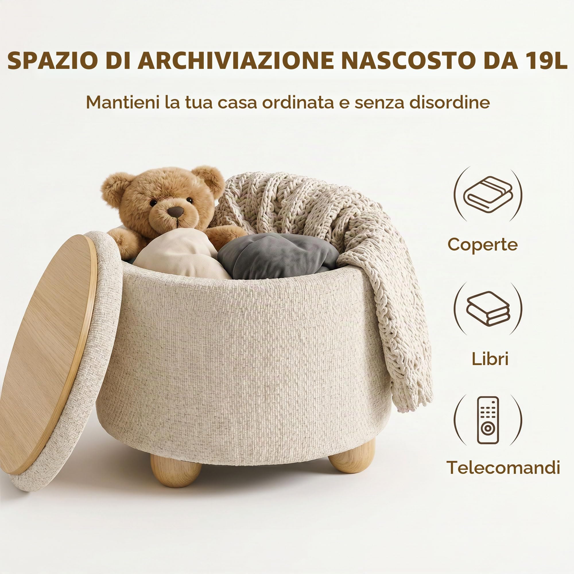 HOMCOM Pouf Contenitore Rotondo 19L con Coperchio 38.5x38.5x33.5 cm Beige | Tessuto Effetto Iuta, Sgabello Contenitore, Capacità 120kg, Camera da Letto, Soggiorno, Ingresso