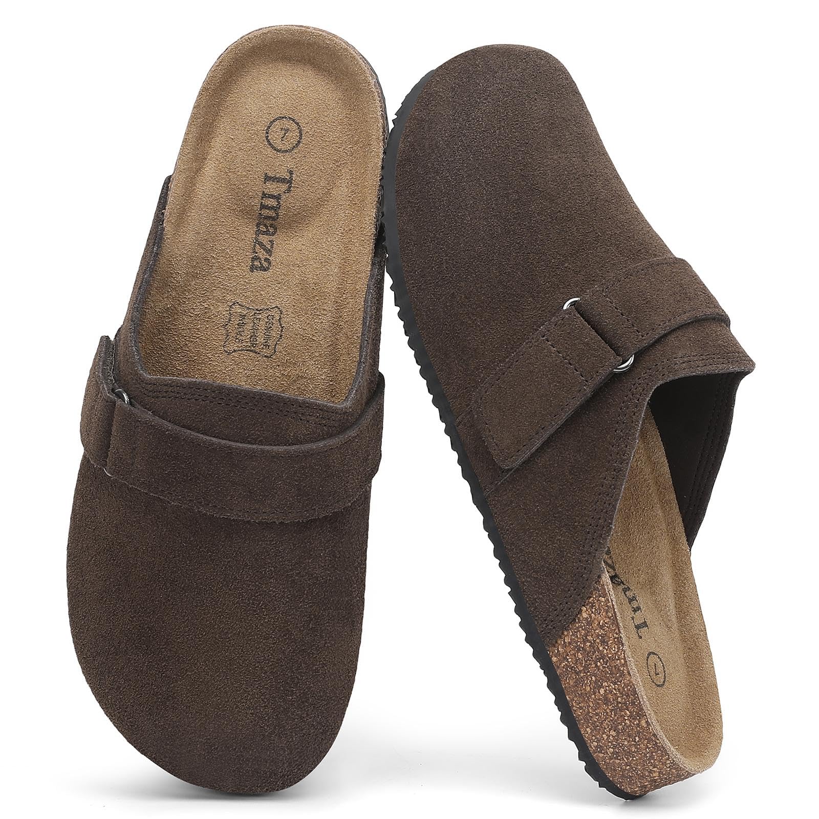Tmaza 100% Genuine Suede Clogs for Women | Footbed Cork Sandals Slip on Patato Shoes Memory Foam Arch Support Mules