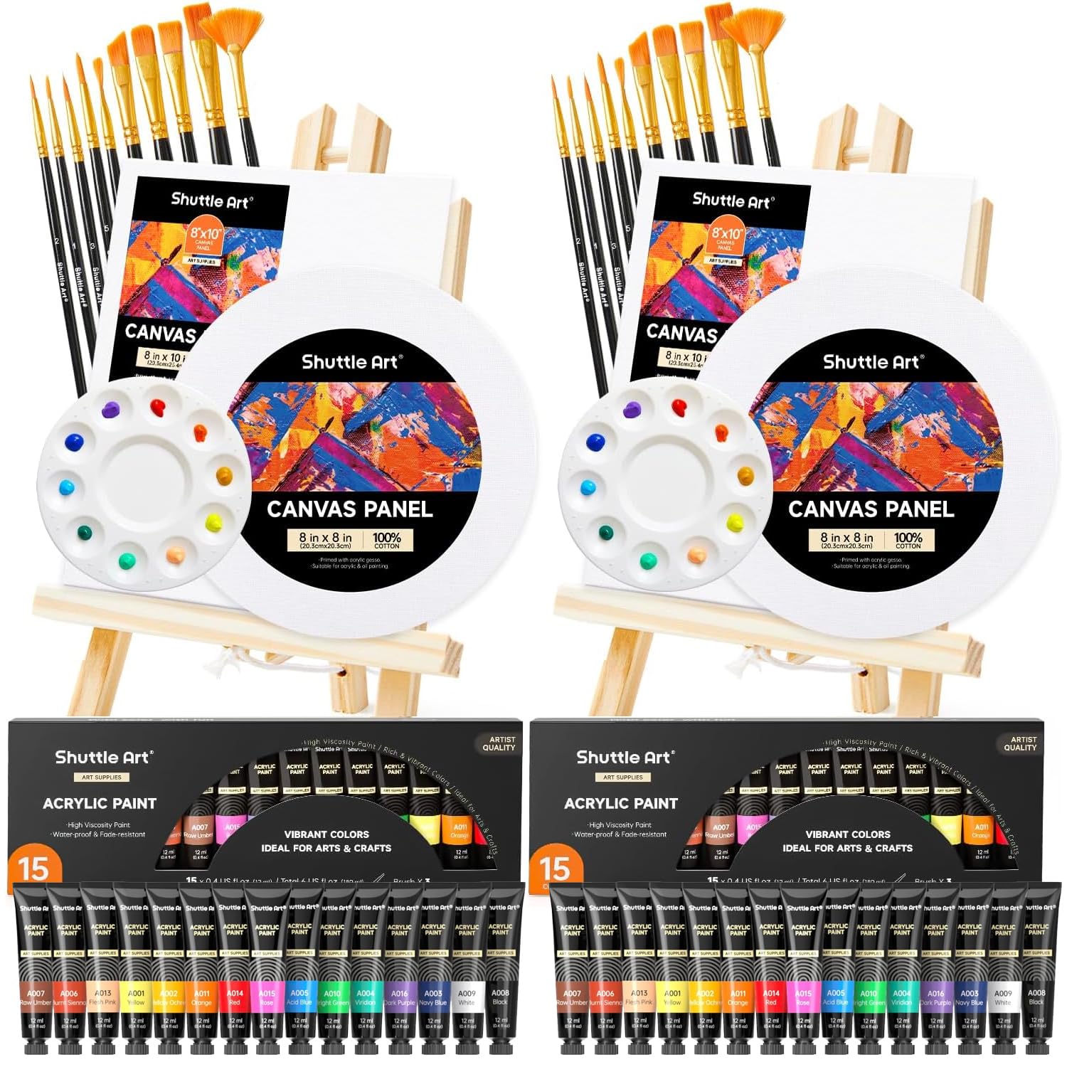 Shuttle Art 58 Pack Acrylic Paints Set, Painting Set with 2 Pack of 15 Colours Acrylic Paint, 2 Sets of Wooden Easels, Canvas, Brushes & Palettes, Canvas and Paint Set for Adults Kids Beginner