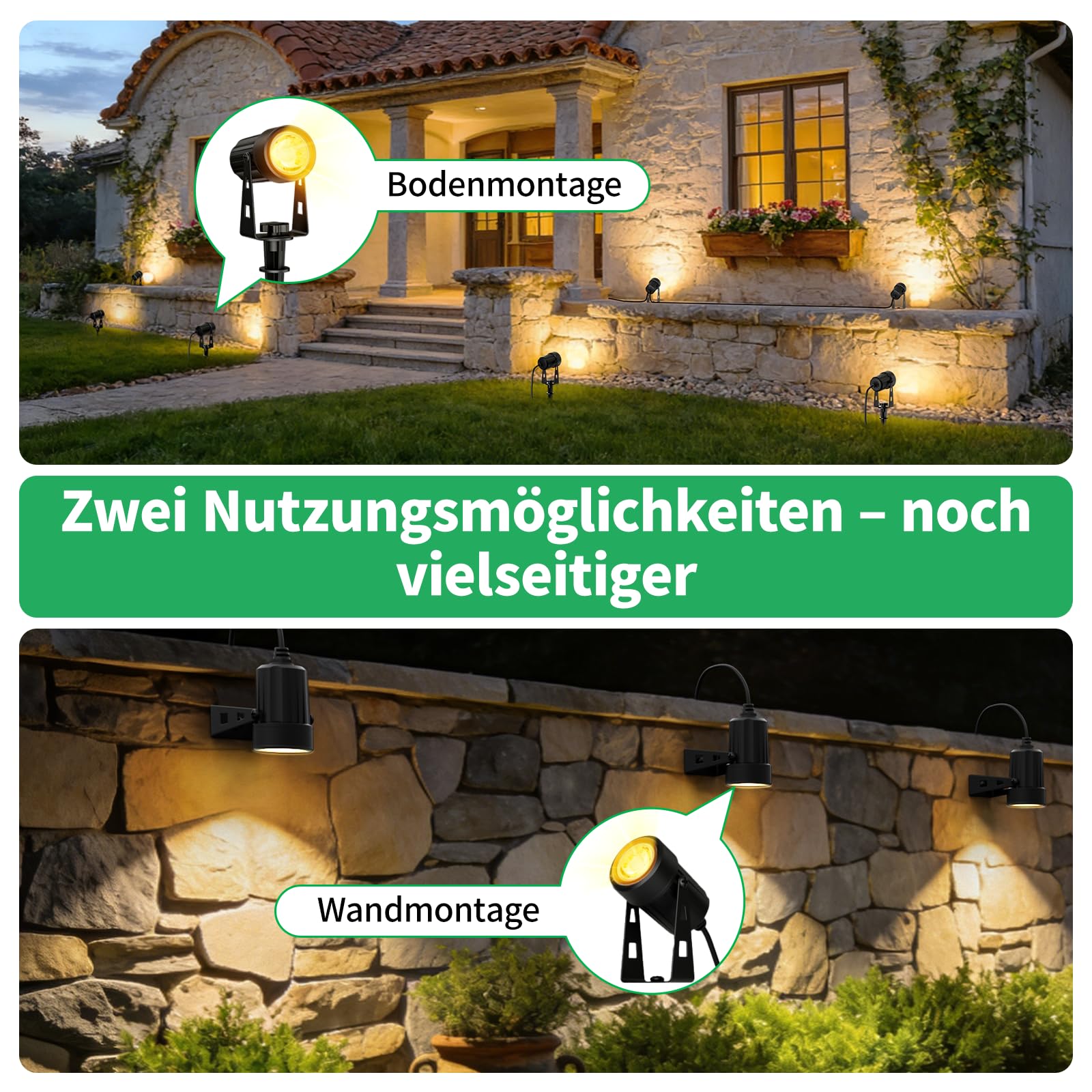 6 Gartenbeleuchtung LED, Gartenstrahler LED Außen Wasserdicht mit Warmweiß 3000K, IP67 Wasserdichter, 20m 24V Gartenleuchten mit Adapter, Gartenstrahler für Terrasse, Gartenweg, Party, Rasen, Erdspieß