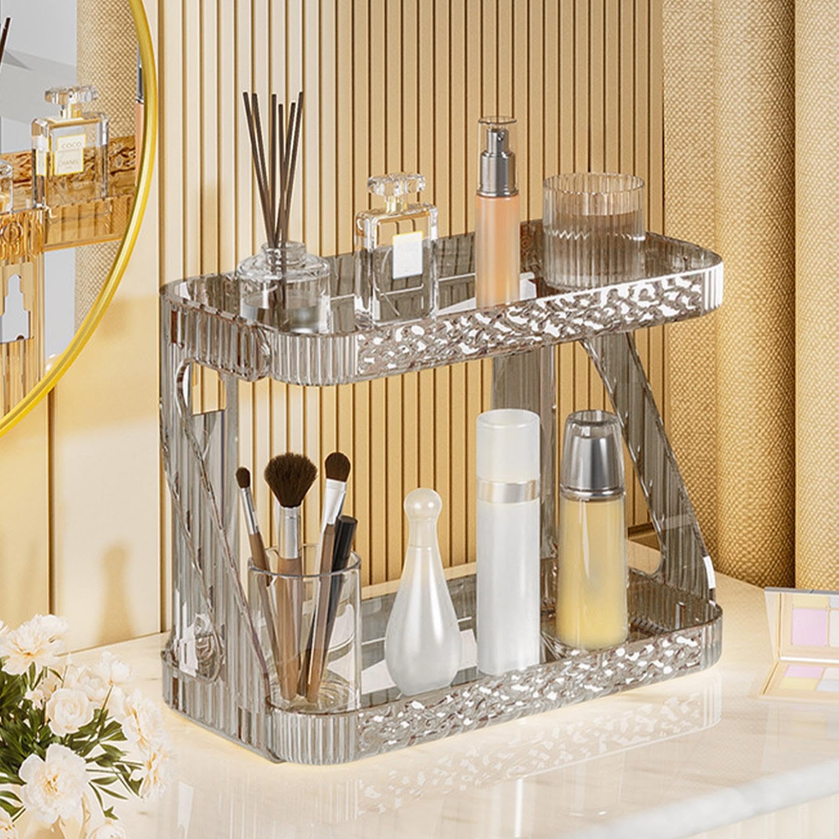 Adhesive Acrylic Shelves Bathroom Shelves No Drill Acrylic Shower Caddy 2-Layer Waterproof Ventilated Wall Makeup Organizer Makeup Shelf