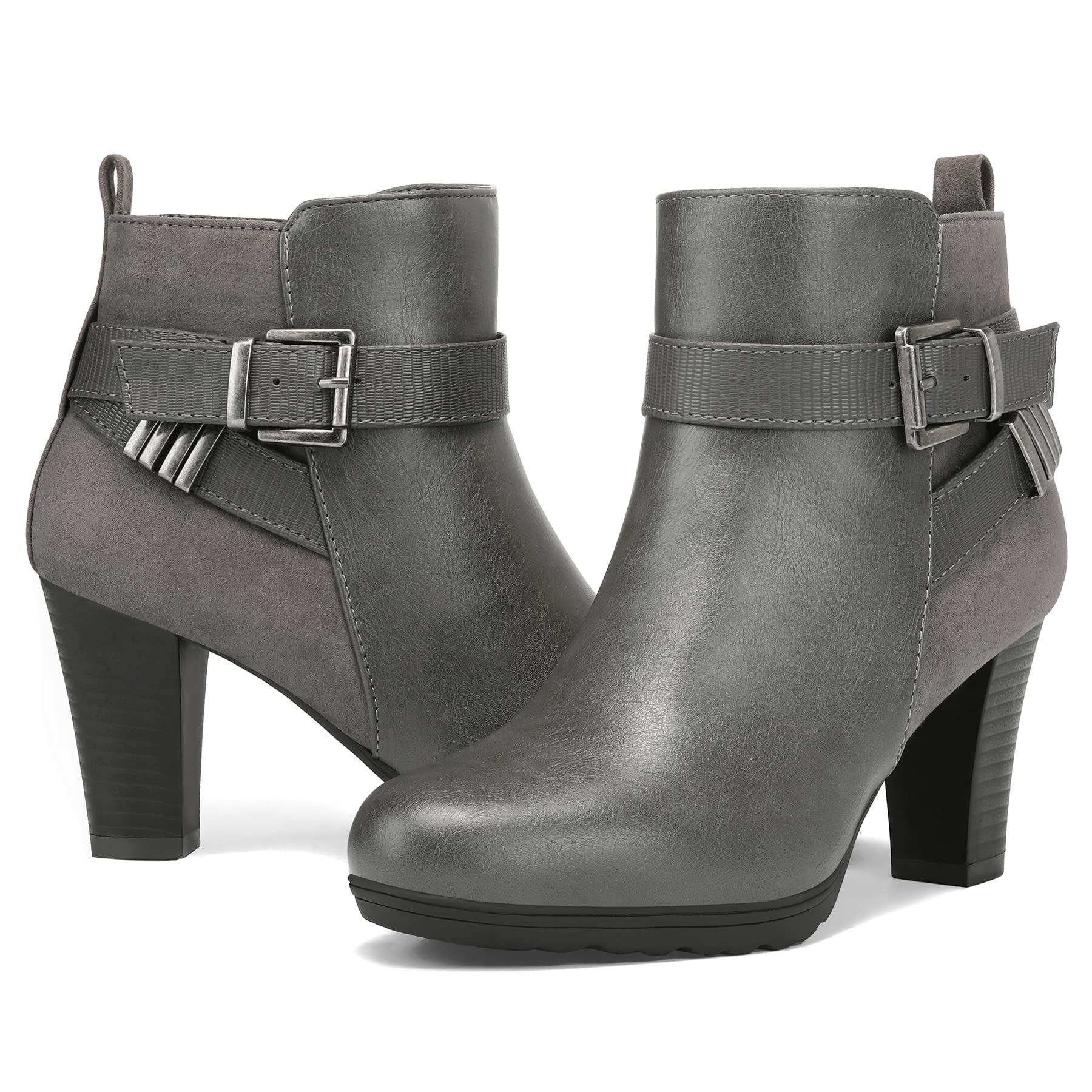 - Women's Zipper Booties Chunky Stacked Heel Ankle Boots Buckle Strap Ankle