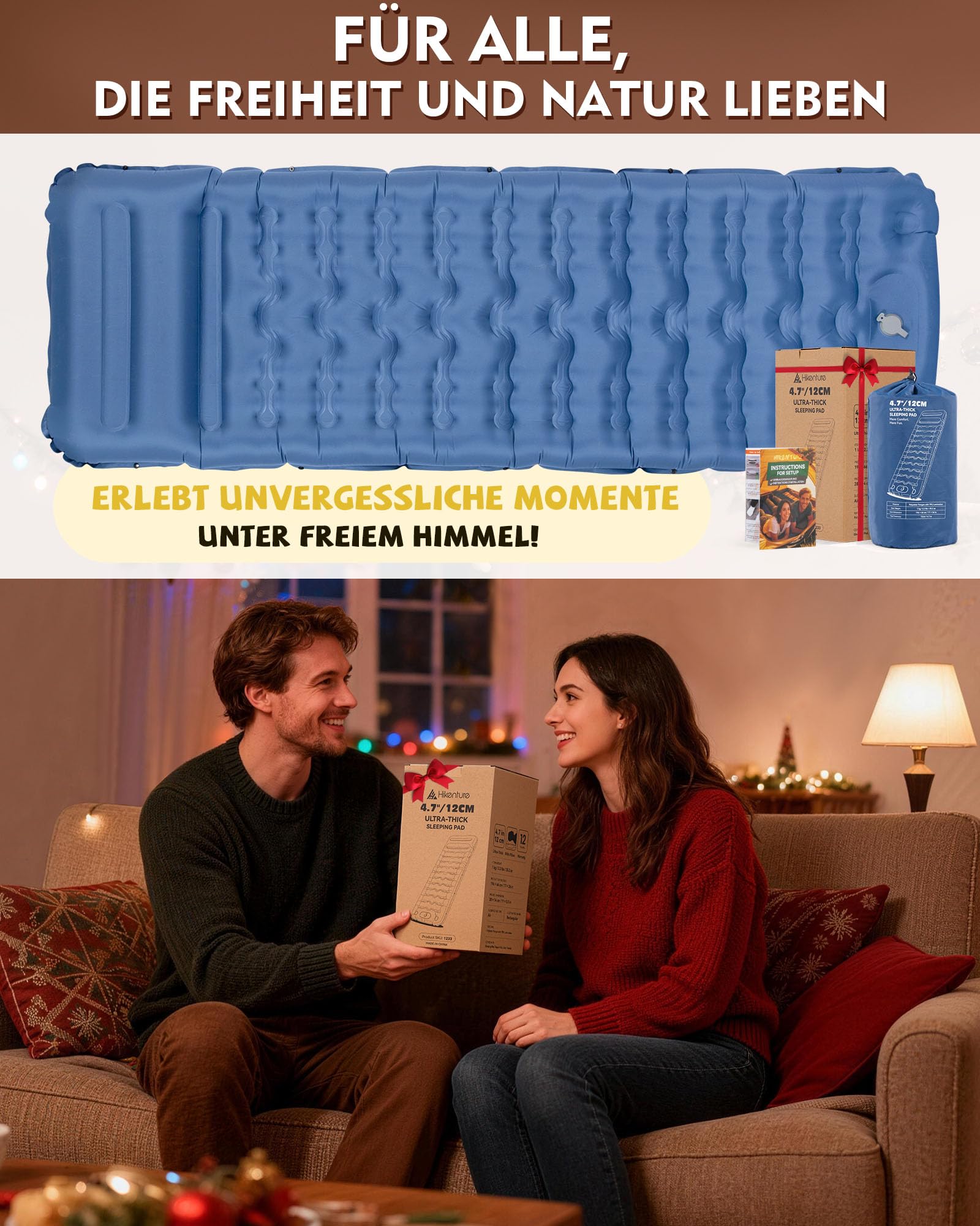 HIKENTURE Karimata kempingowa, 12 cm, ultra gruba karimata z poduszką, nadmuchiwany materac, mały rozmiar po spakowaniu, nadmuchiwany materac do spania z pompką nożną, do aktywności na świeżym