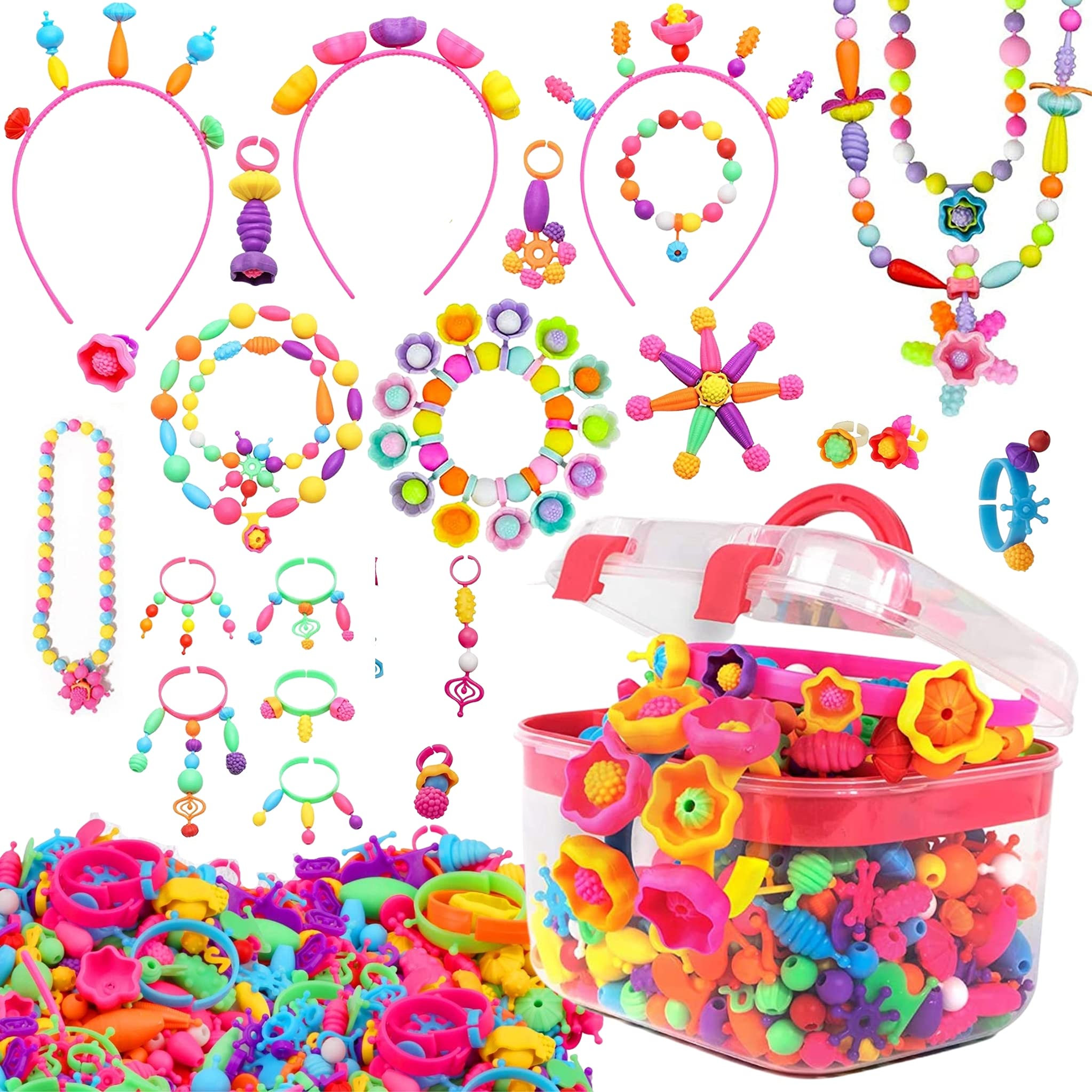 550 pcs Snap Pop Beads for Girls Kids Jewelry Making Kit Rubber Character Charms and Craft Kit DIY Necklace Hairband Bracelet Ring Earring Great Toys for Age 4 5 6 7 8 Year Old Girl Gifts Toy Set