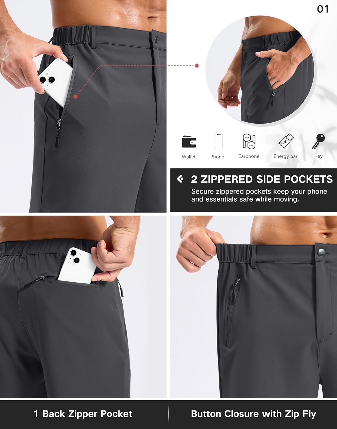 Pudolla Mens Hiking Shorts 5"/7"/9" Lightweight Quick Dry Casual Golf Shorts for Men Work Fishing with 3 Zipper Pockets - Image 6