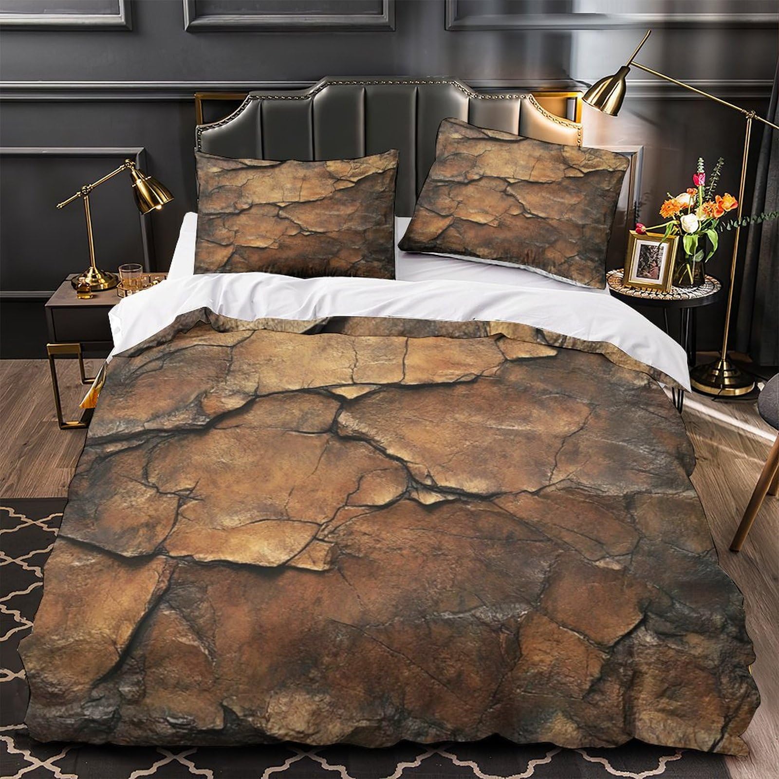 Housse de couette 135x200cm 3D imprimé pierre brute, parure de lit microfibre avec 2 taies éclair