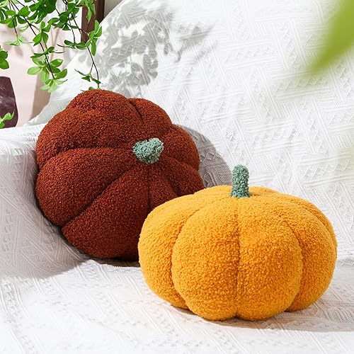Miniatura 8 de 2 almohadas de felpa de calabaza simulada de 11 x 9.5 pulgadas, almohada 3D con forma de cojín de Acción de Gracias, decoración de otoño, almohadas