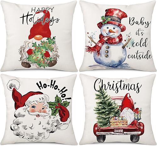 Juego de 4 fundas de almohada de Navidad de 18 x 18 pulgadas, Papá Noel, muñeco de nieve, gnomo, camión, feliz día festivo, decoración de Navidad,