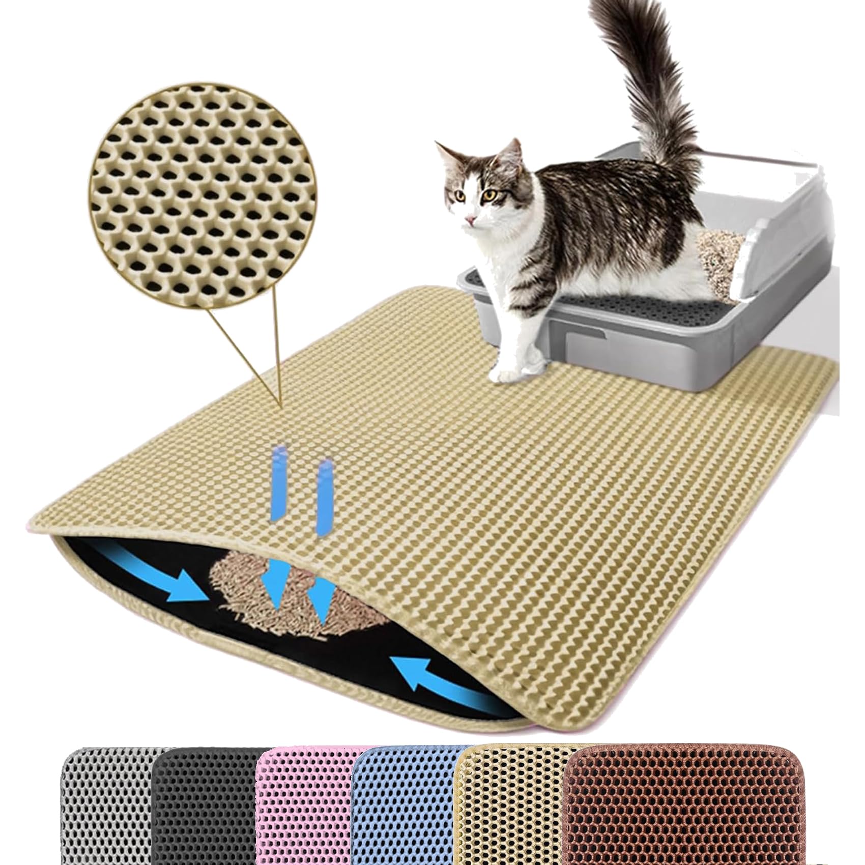 Petinstinct Extra Large Cat Litter Mat, 30x22 Inches Honeycomb Double Layer Cat Litter Trapping Mat, Non Slip Waterproof Urine Proof Large Kitty