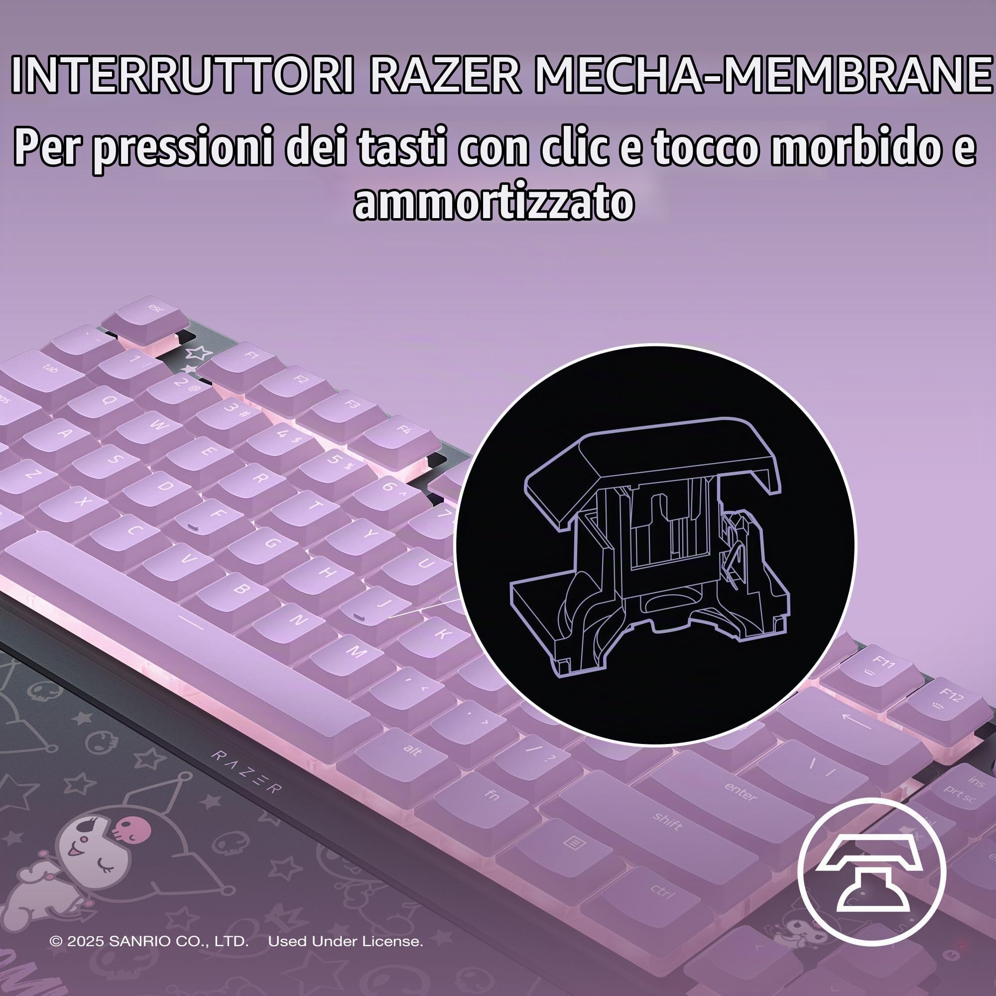 Razer Ornata V3 TKL: tasti discreti, interruttori a membrana meccanica, tasti rivestiti con UV, tasti multimediali retroilluminati, illuminazione RGB a 8 zone, poggiapolsi
