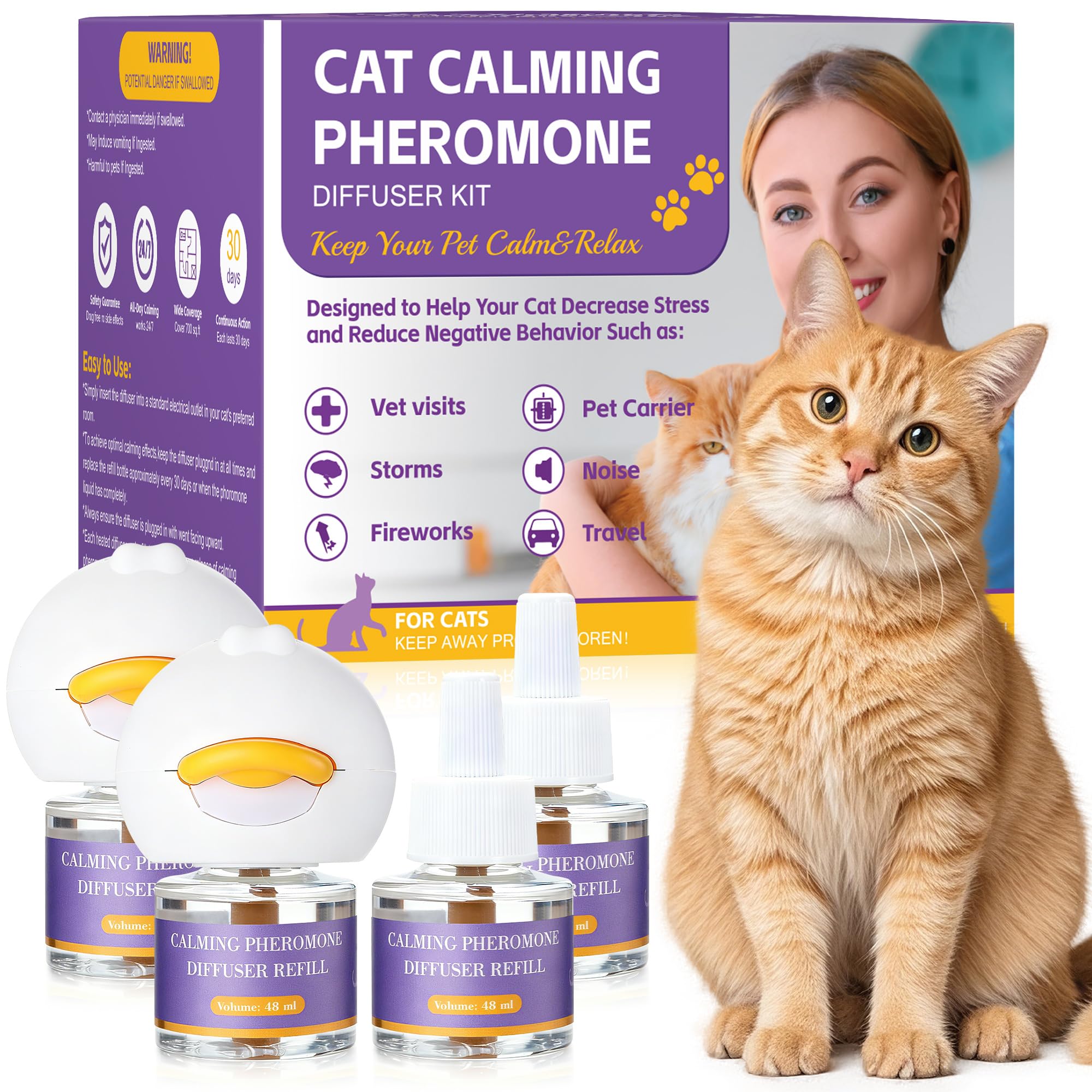6-In-1 Katze Pheromon Beruhigende Diffusor, 2 Stecker + 4 Refills Pheromon Diffusor für Katzen, Angst lindern, Helfen, Kämpfe zu reduzieren, Sprühen & Kratzern, Drogenfrei & Geruchlos Sicher, 120 Tag