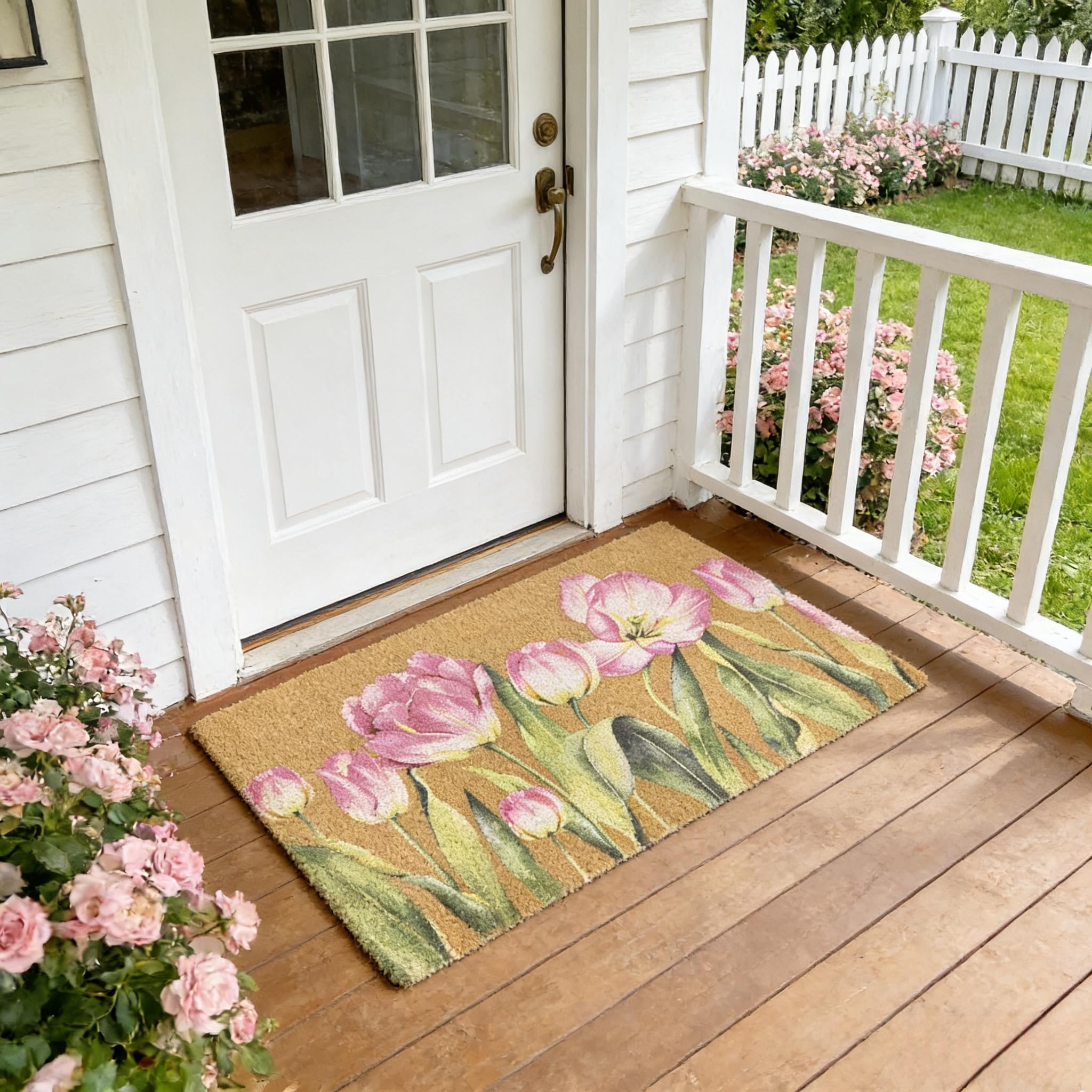 Door Mat Indoor Outdoor Entrance, 40x60 cm Faux Coir Front Door Mats with Thick Bristles, Decorative Colorful Spring Flower Doormat Inside, Non Slip Backing Outside Welcome Rug, Pink Tulip Small