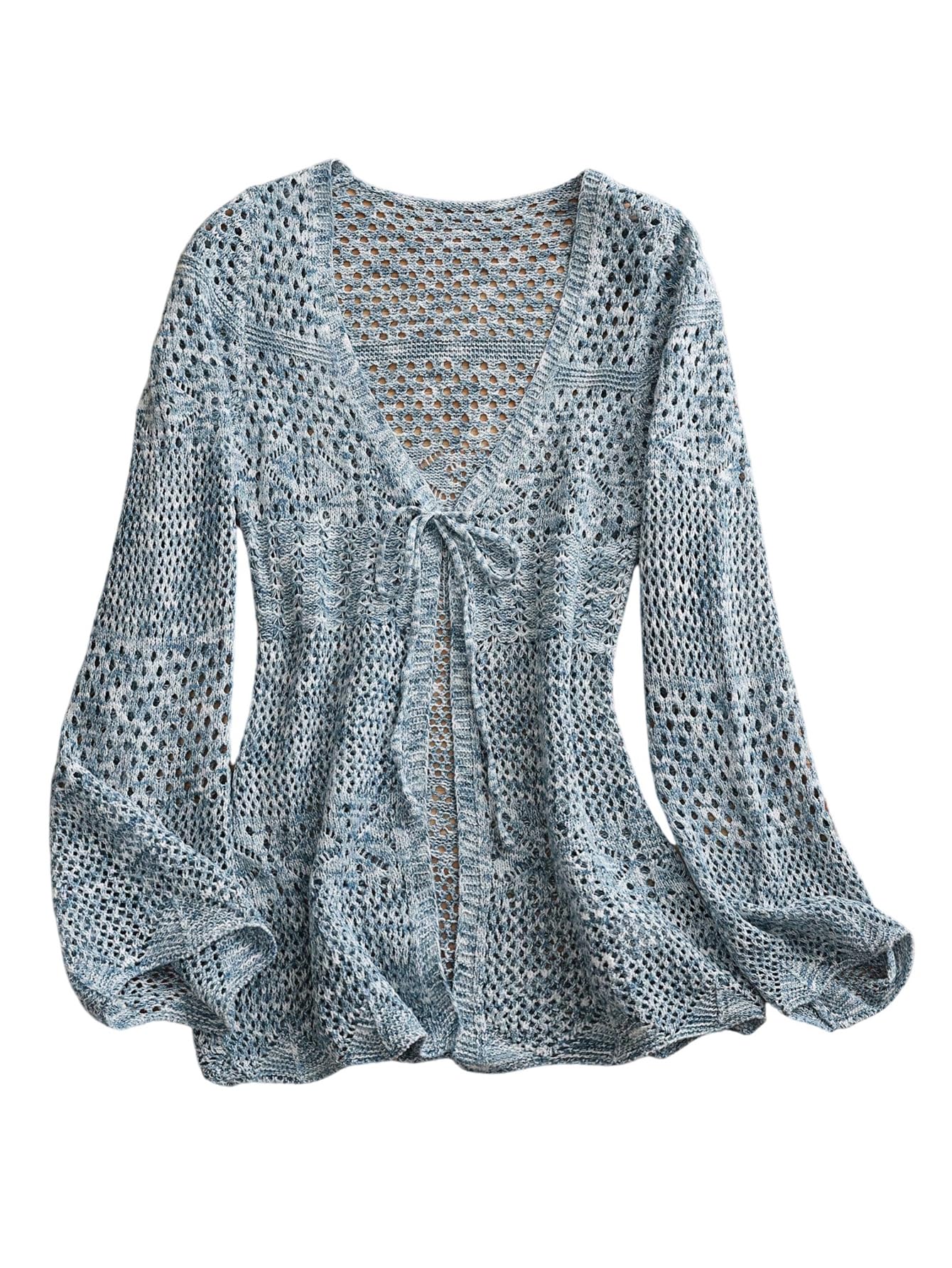 Floerns Womens Tie Front Crochet Cardigans Long Sleeve Sheer Lightweight Sweaters Knitted Cover Ups