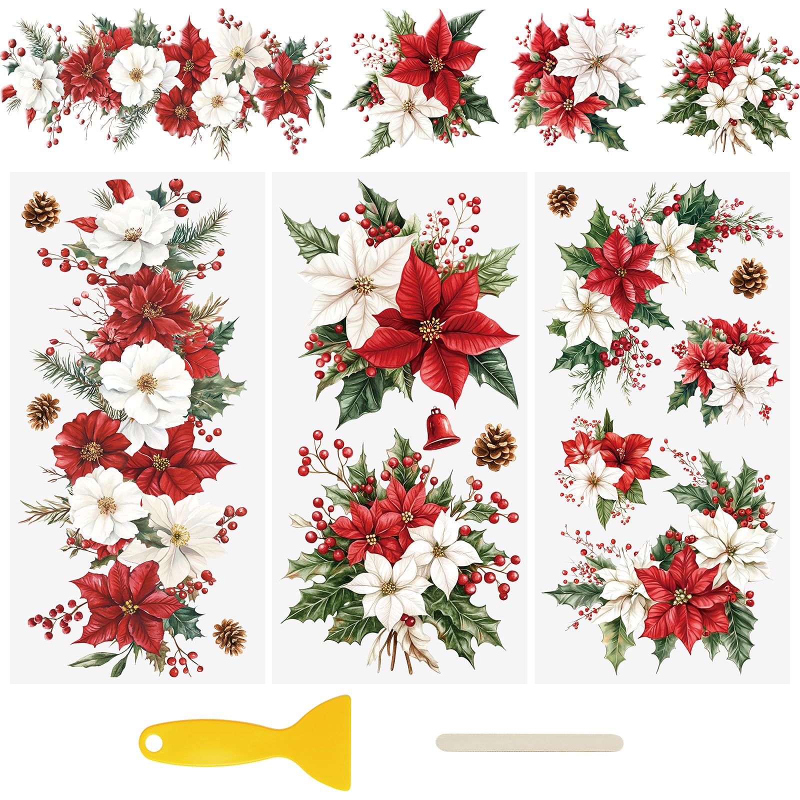 WANDIC 3 Sheets UV DTF Cup Warp Merry Christmas Flower Rub on Transfer Stickers, Waterproof Decals for DIY Glass Window Water Bottle Furniture Crafts,15 * 30cm — image 1