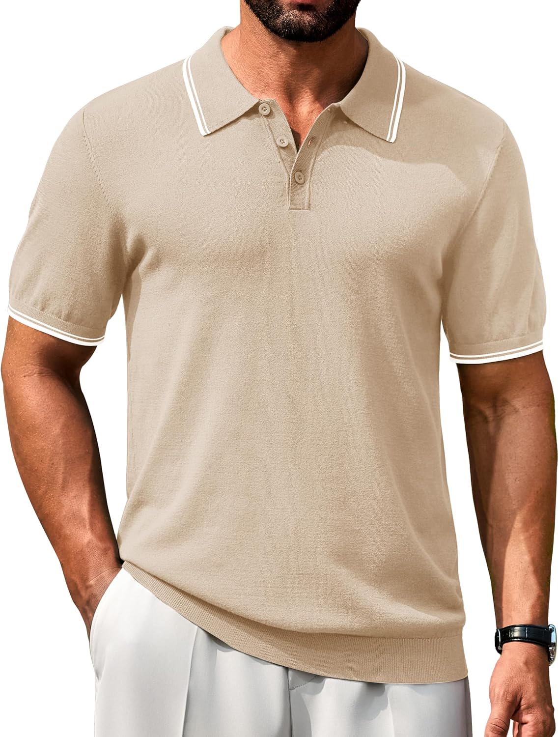 Cotrasen Mens Polo Shirts Short Sleeve Casual Knit Polo Shirt Vintage Collared T-Shirts Old Money