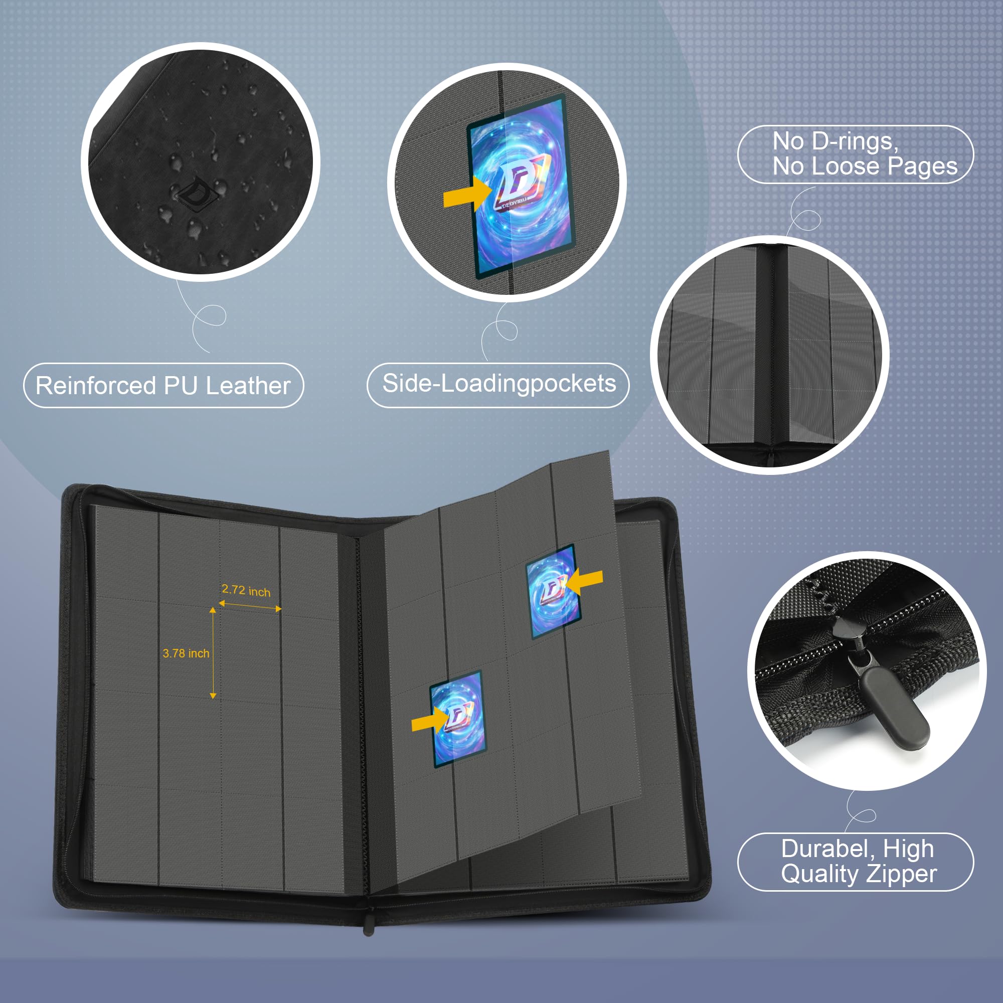 Sammelkarten Album Groß für 1000+ Karten, 16 Fächer Karten Sammelalbum mit Reißverschluss, Card Binder für Trading Cards, für YuGiOh, MTG, Sportkarten etc. Schwarz