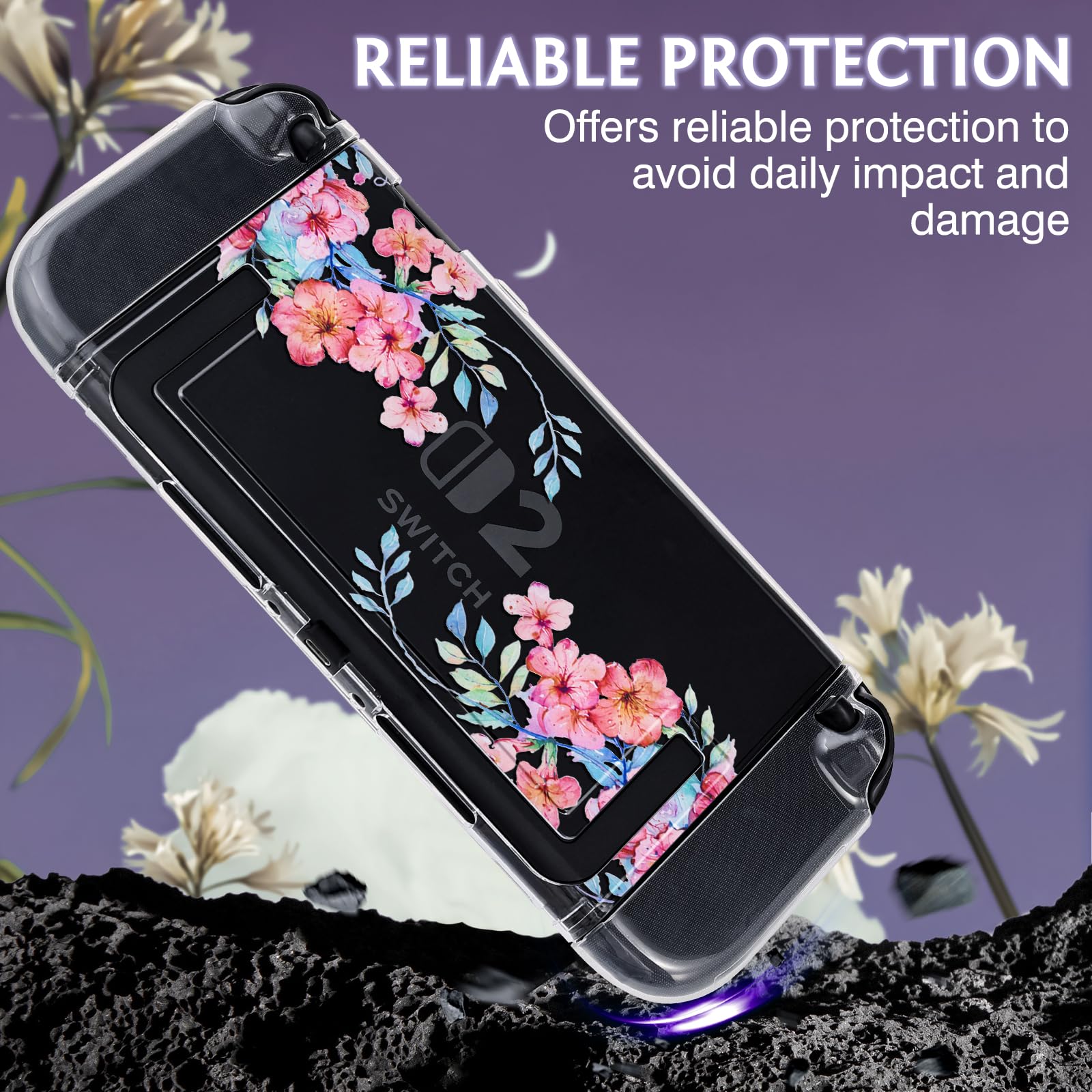 DLseego Protective Case Flower Floral Clear Switch 2 (2025), Detachable Joy-Handle Protective Case 2-Piece Split Full Wrap PC Hard Shell Anti-Scratch All-Round Protection Cover, Peach Blossom, Pink - 4